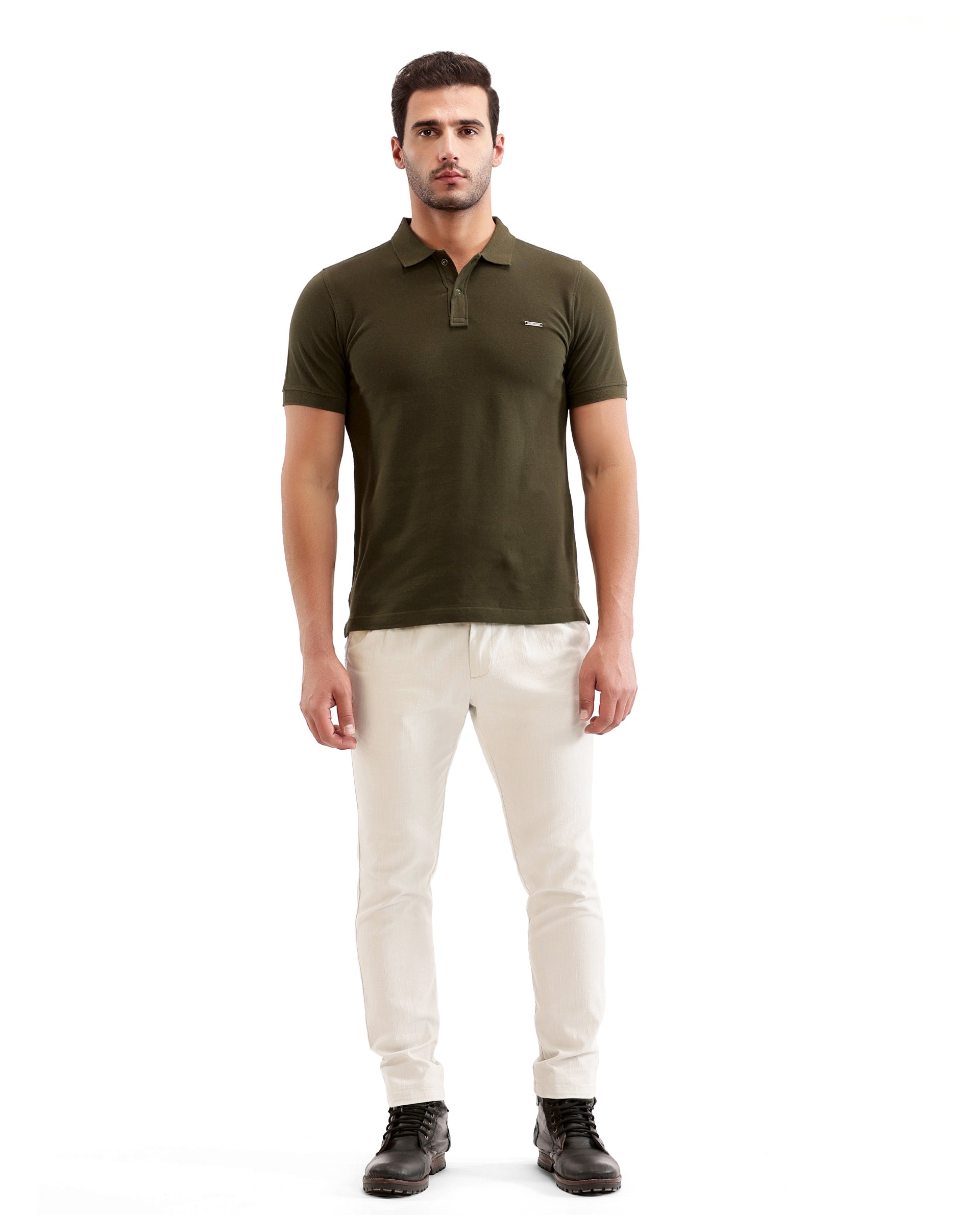 Vintage Olive Pique Polo with 7C Snap Buttons, Metal Badge