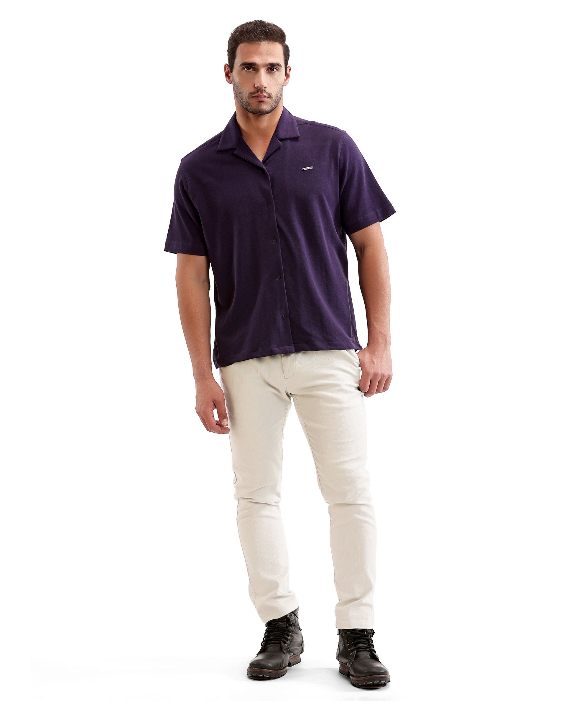 Deep Purple Pique Knit Shirt with 7C Engraved Snap Buttons, Gun Metal Badge