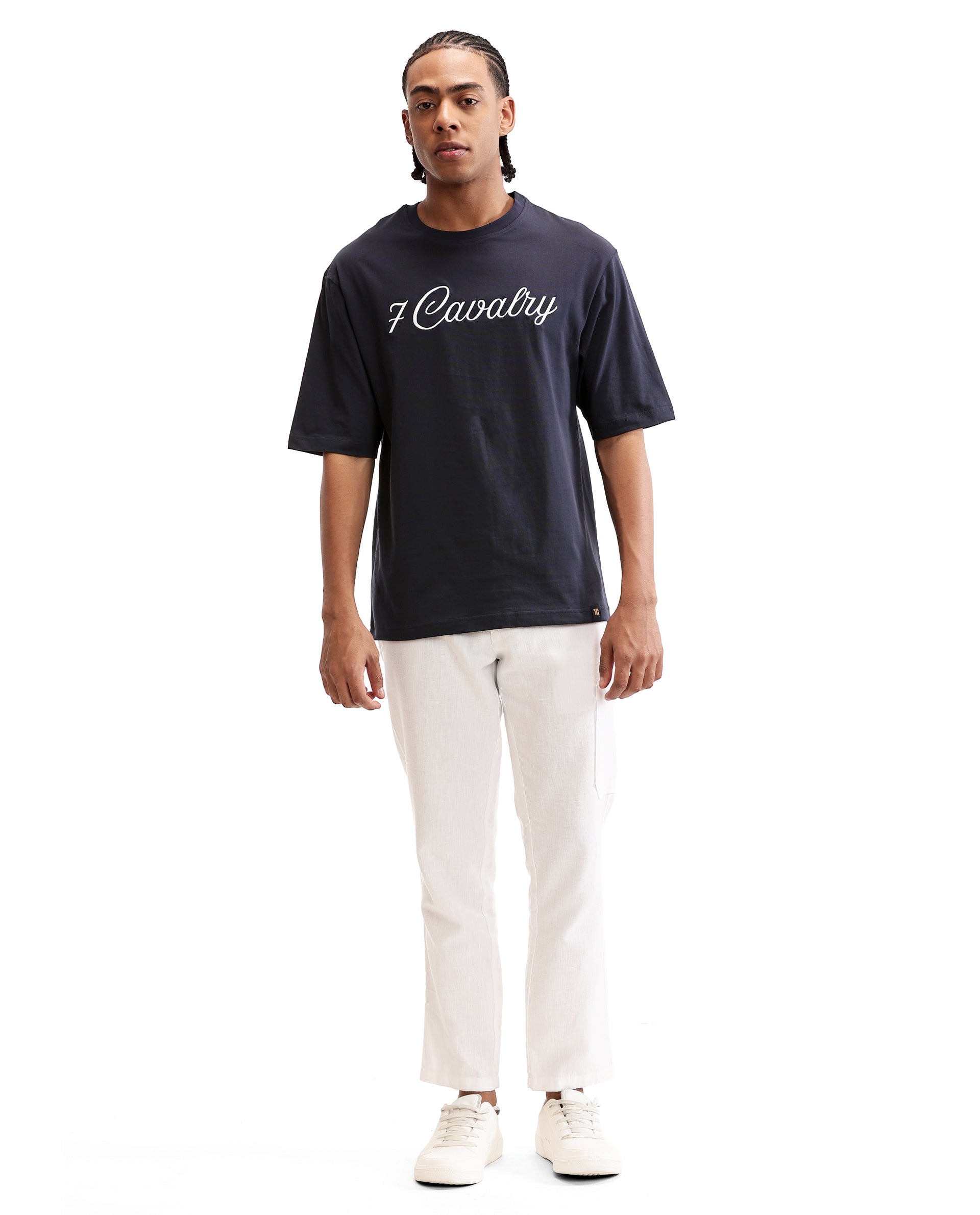 Midnight Navy Blue Single Jersey Crew Neck Oversized T-Shirt with Pure White Embroidery