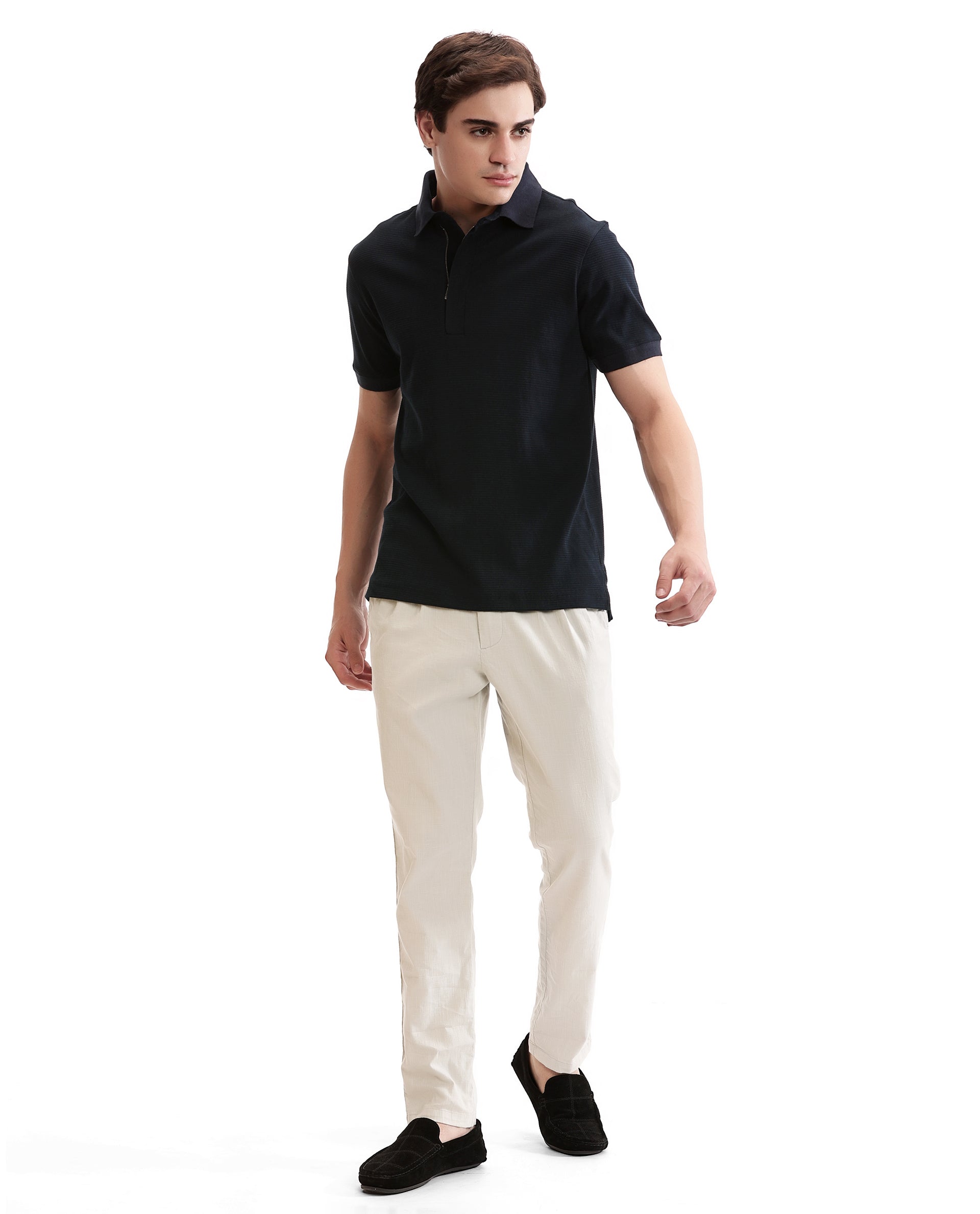 Midnight Navy Blue Knitted Waffle Polo with 7C Metal Zip