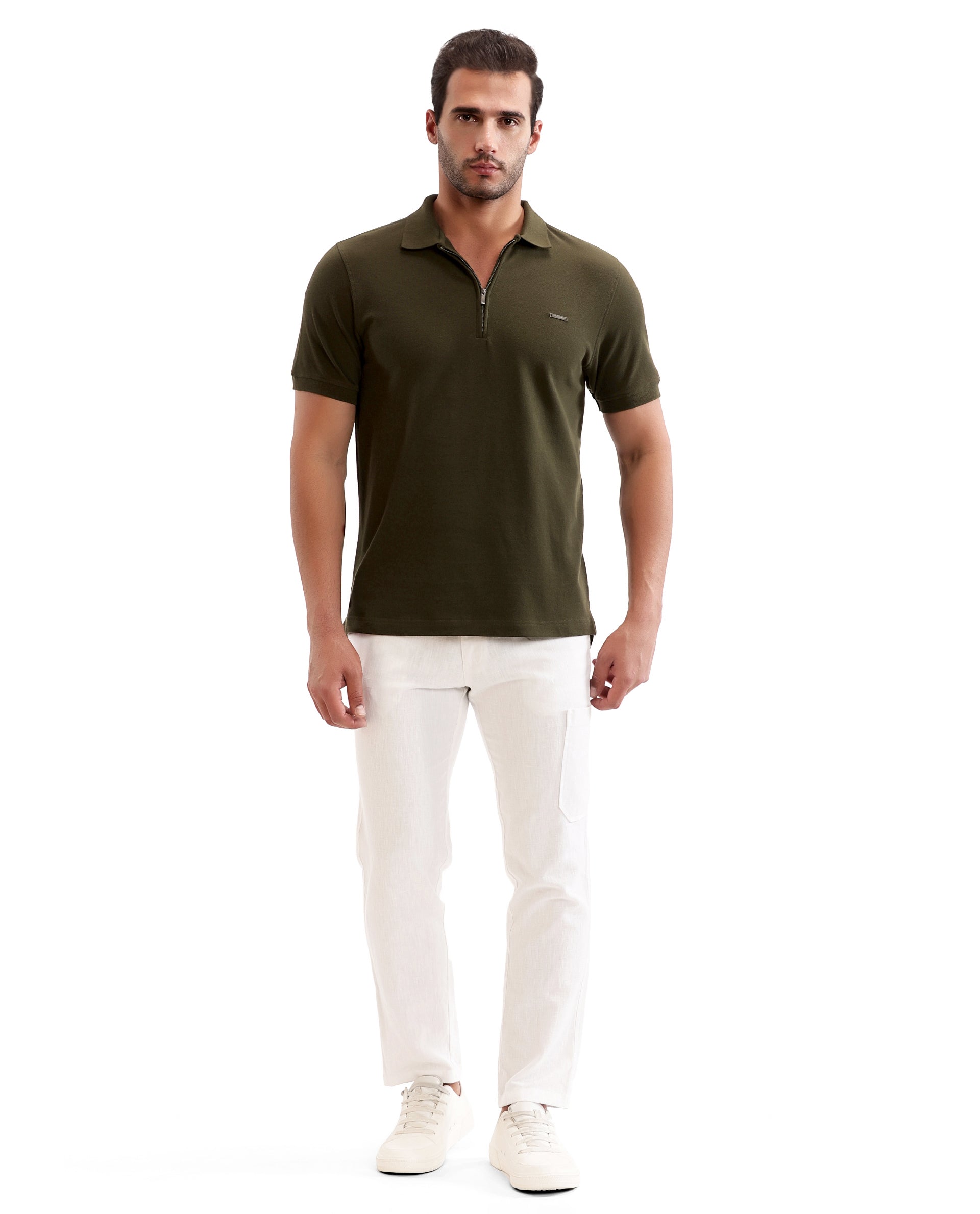 Vintage Olive Pique Polo with 7C Metal Zip, Metal Badge