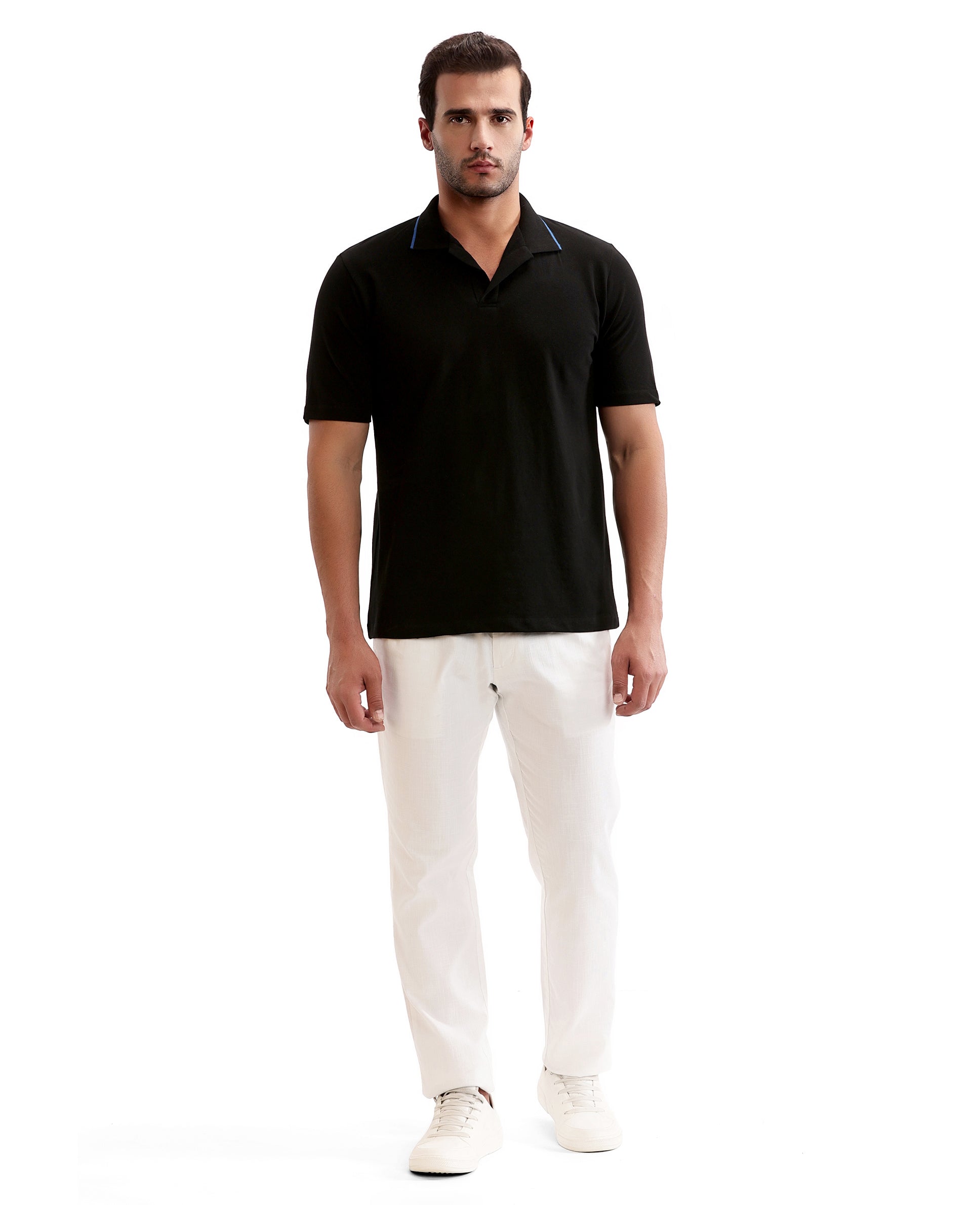 Charcoal Black Johnny Collar Pique Polo with Prussian Blue Collar Piping