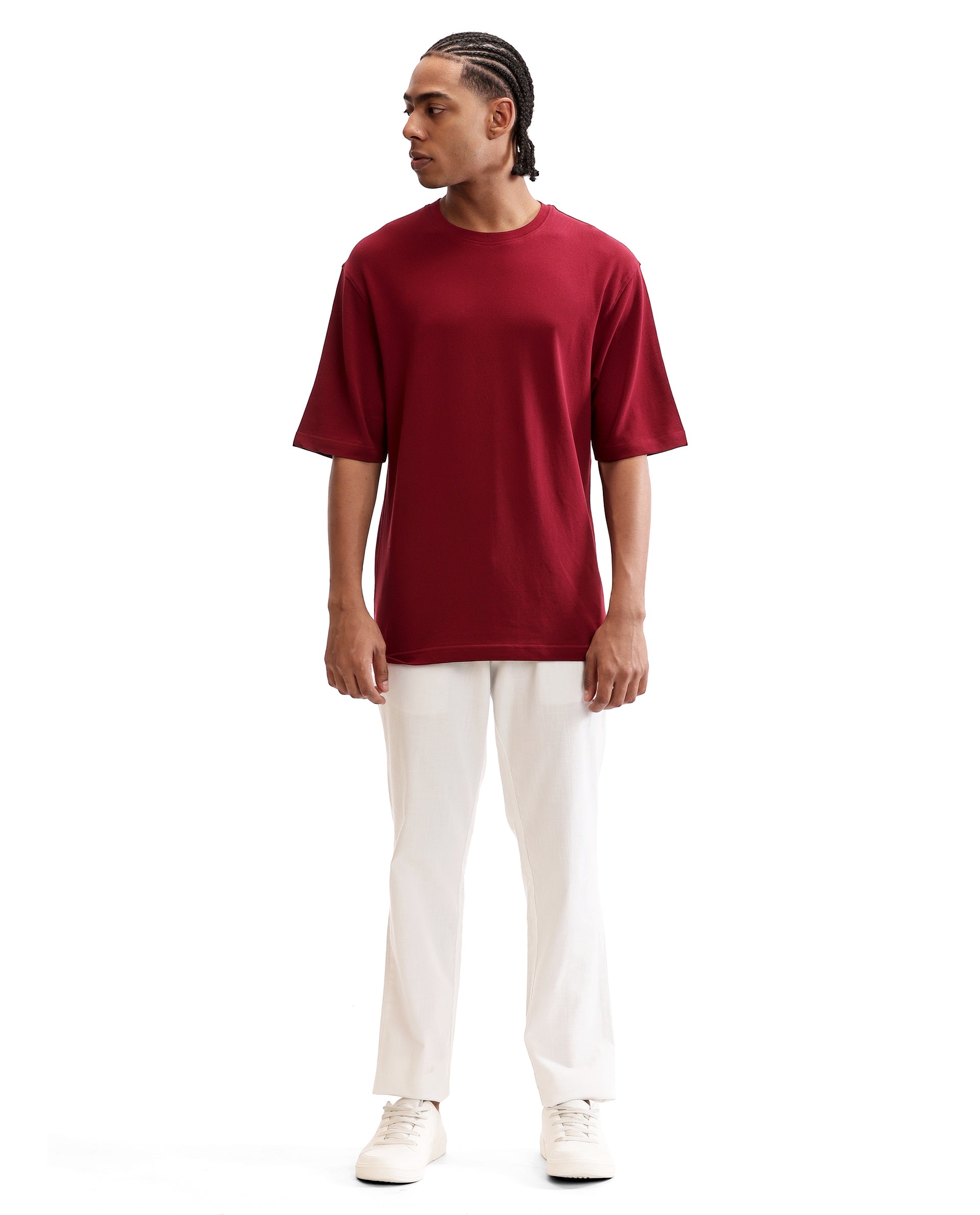 Bordeaux Maroon Pique Crew Neck Oversized T-Shirt