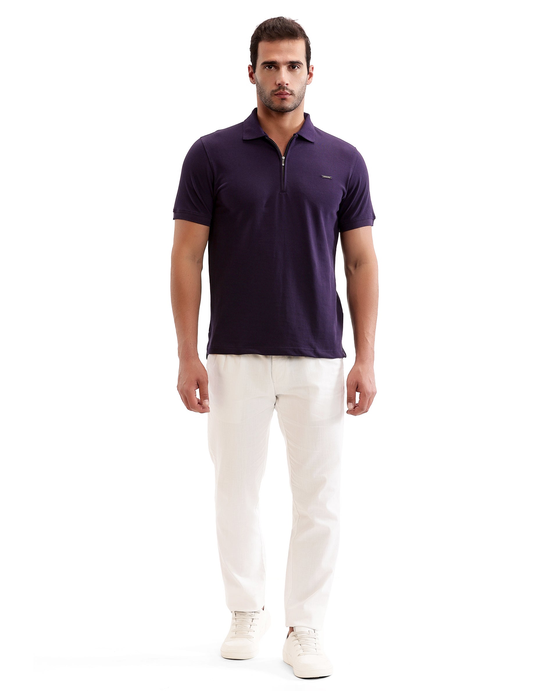 Deep Purple Pique Polo with 7C Metal Zip, Metal Badge