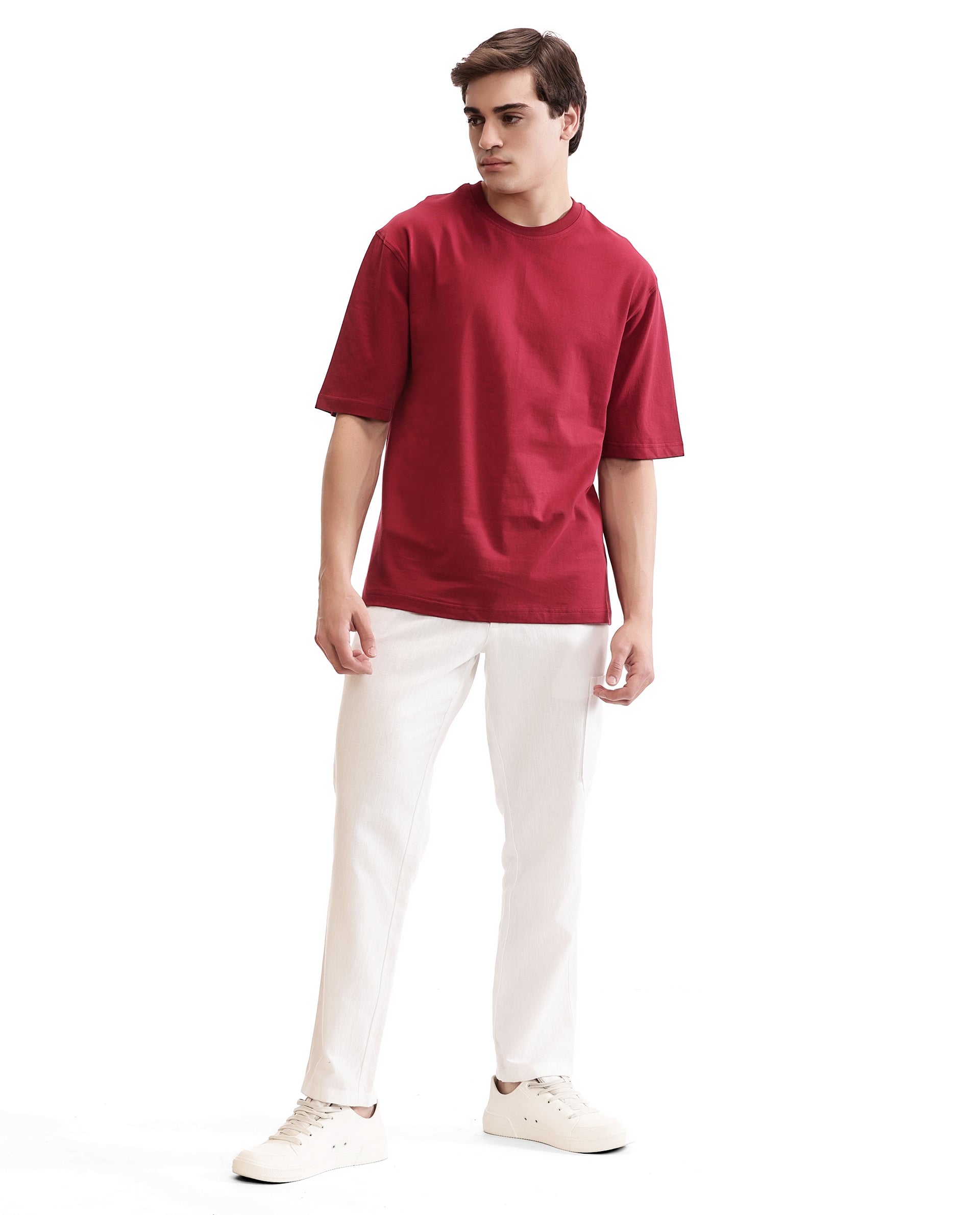 Bordeaux Maroon Single Jersey Crew Neck Oversized T-Shirt