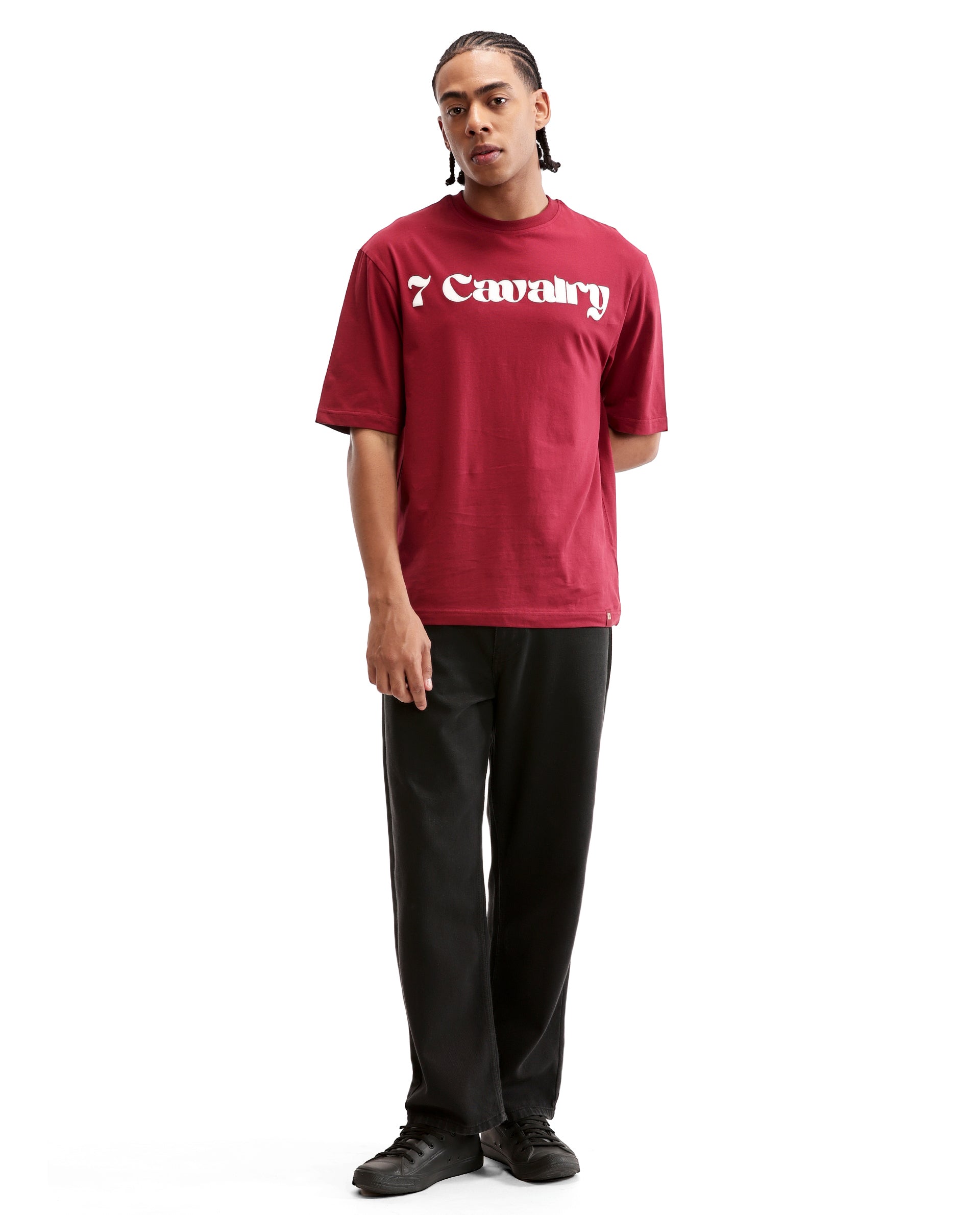 Bordeaux Maroon Single Jersey Crew Neck Oversized T-Shirt with Pure White Puff Print
