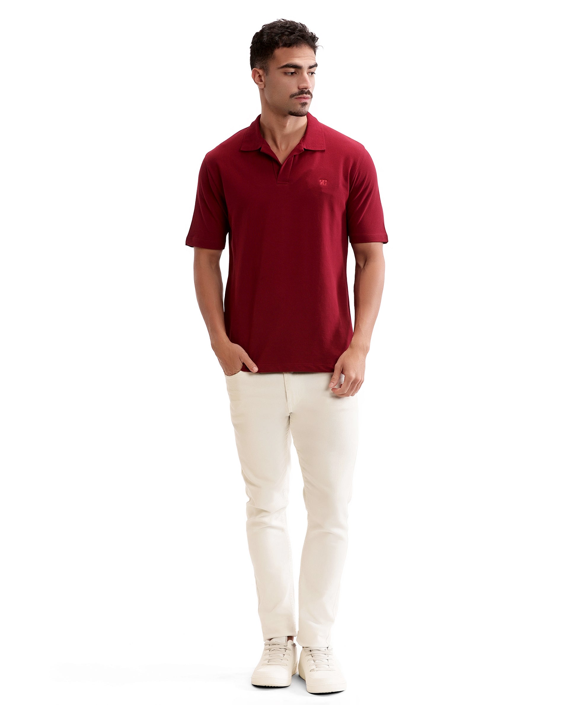 Bordeaux Maroon Johnny Collar Pique Polo with Tone-on-Tone 7C Embroidery
