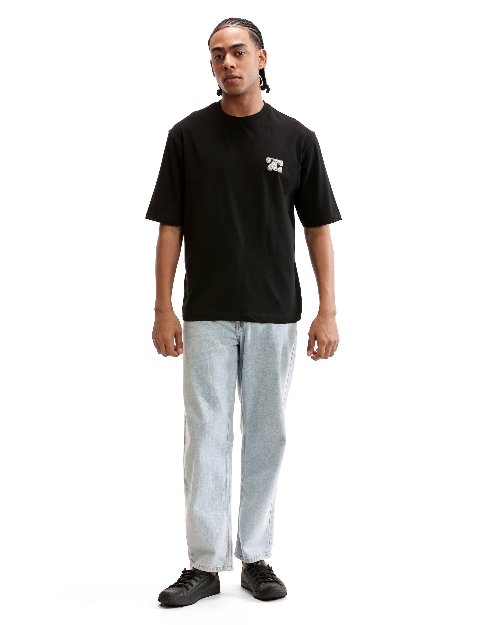 Charcoal Black Single Jersey Crew Neck Oversized T-Shirt with Crystal Finish Rhinestones