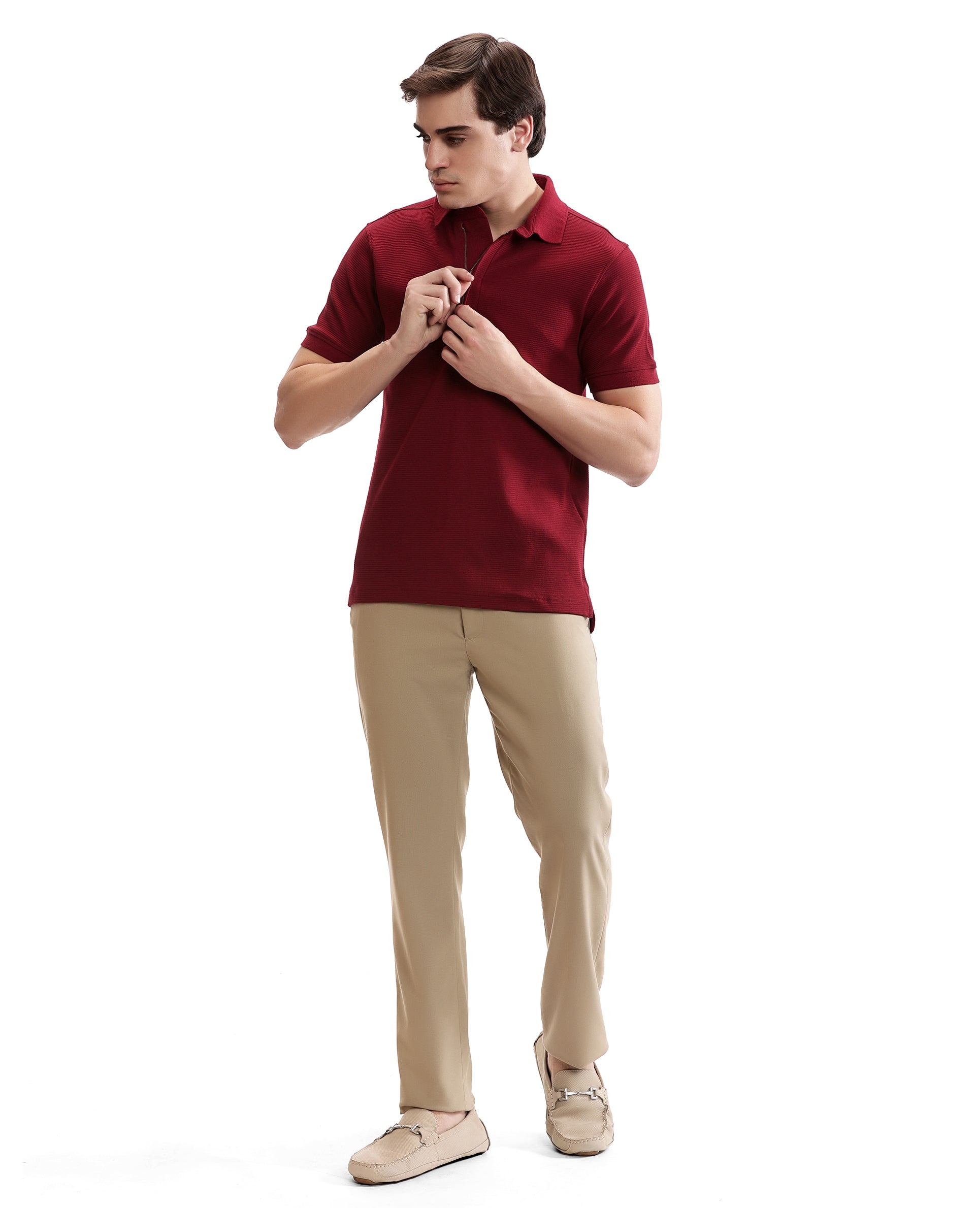 Bordeaux Maroon Knitted Ottoman Polo with 7C Metal Zip