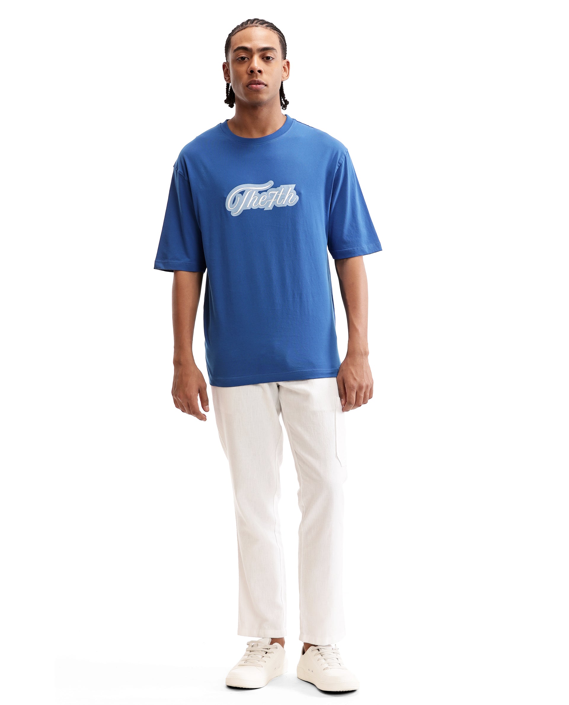 Imperial Prussian Blue Single Jersey Crew Neck Oversized T-Shirt with Light Blue Print & Pure White 7C Embroidery