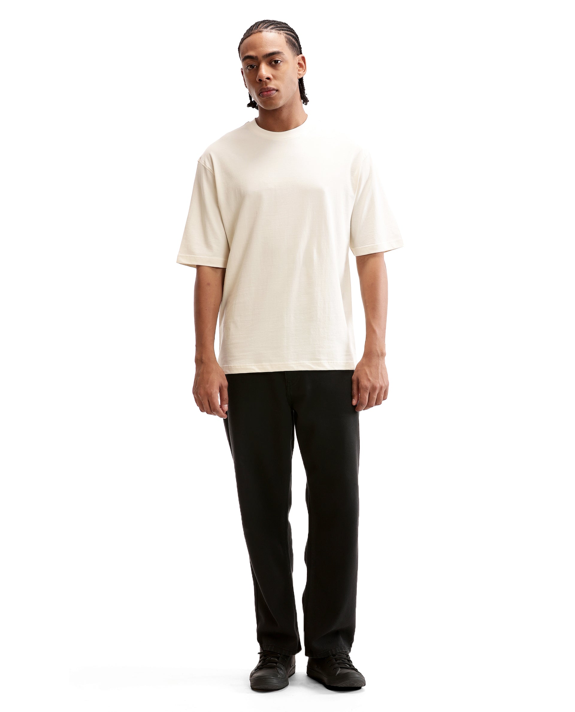 Ivory White Single Jersey Crew Neck Oversized T-Shirt