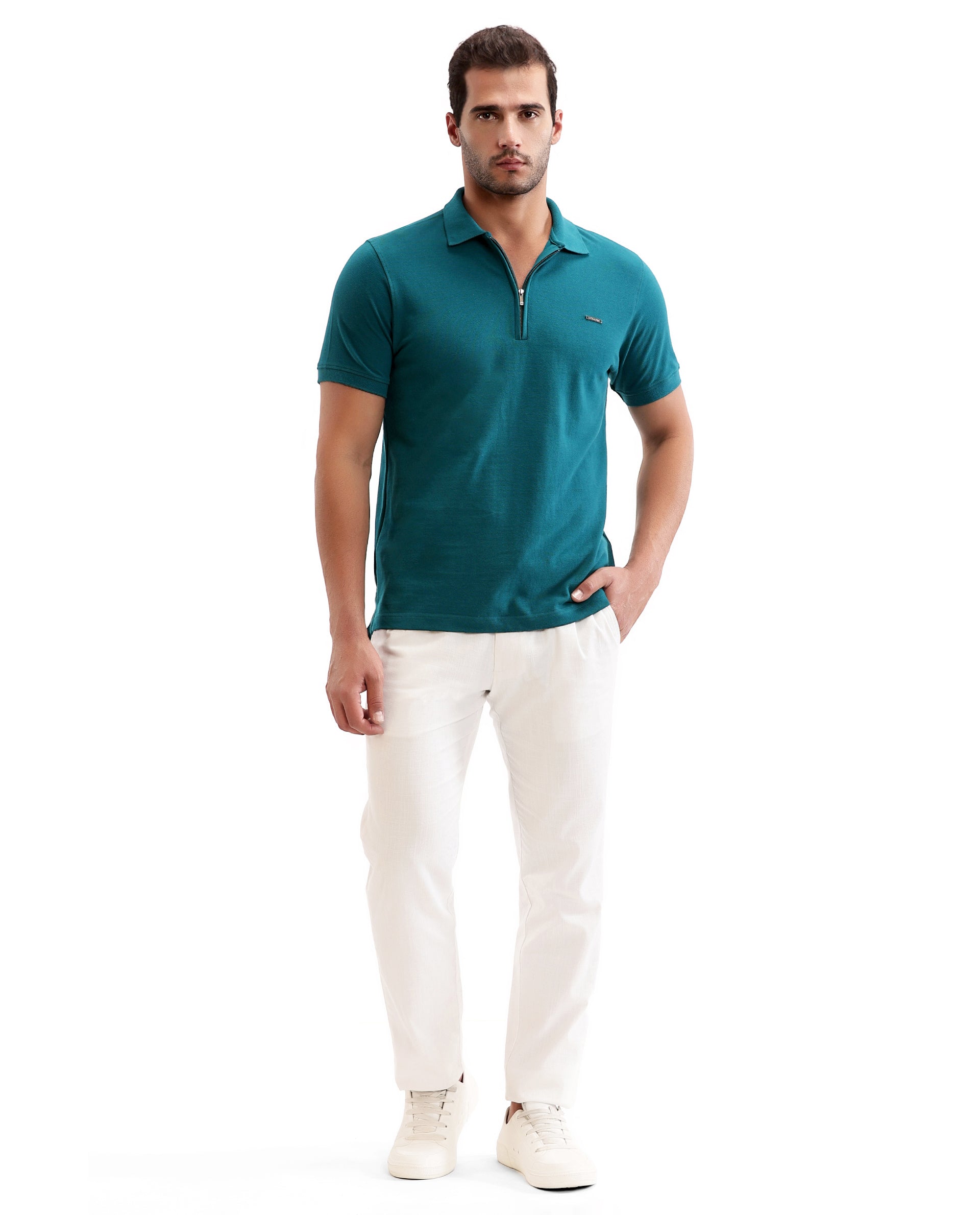 Ocean Teal Pique Polo with 7C Metal Zip, Metal Badge