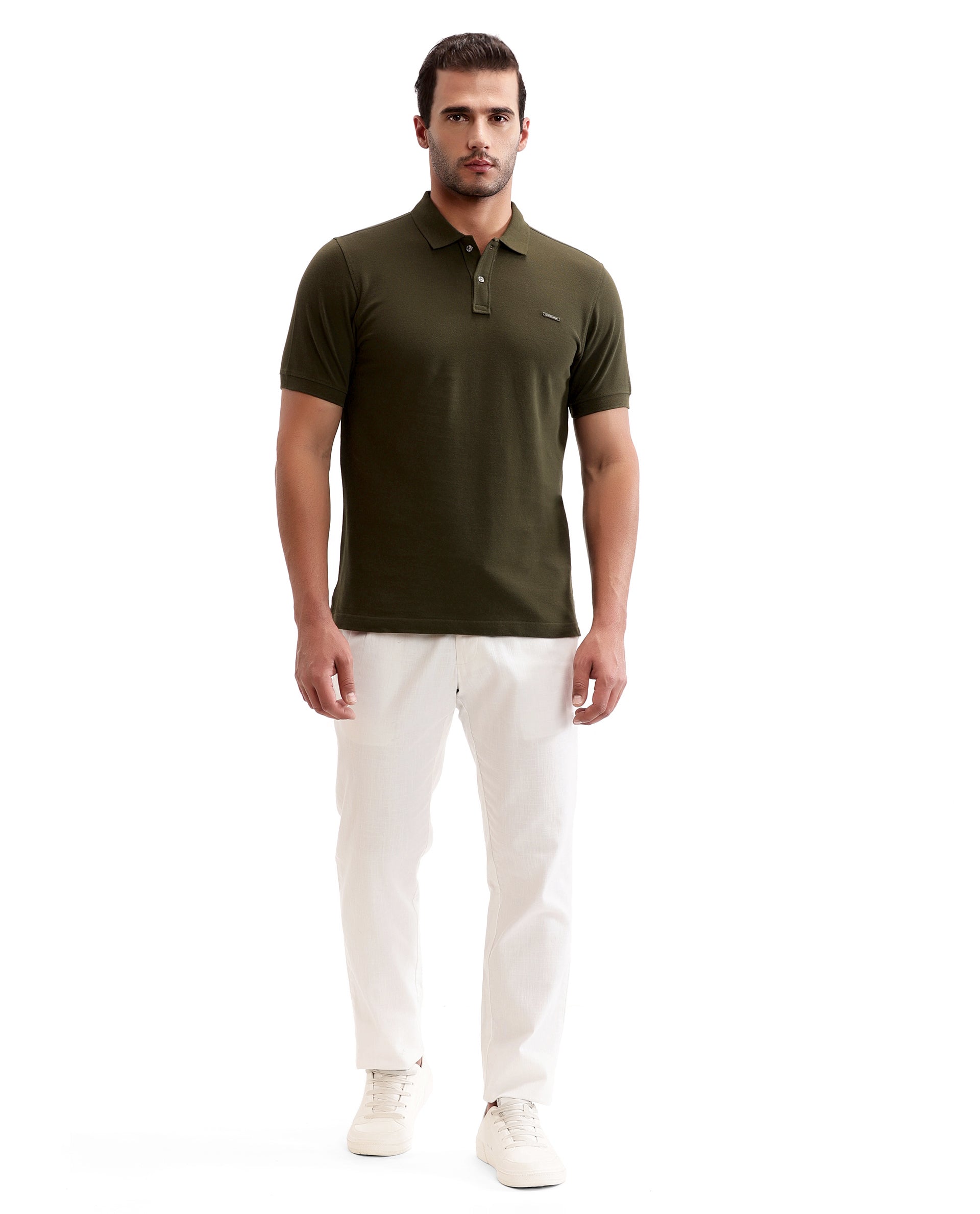 Vintage Olive Pique Polo with Metal Buttons, 7C Metal Badge