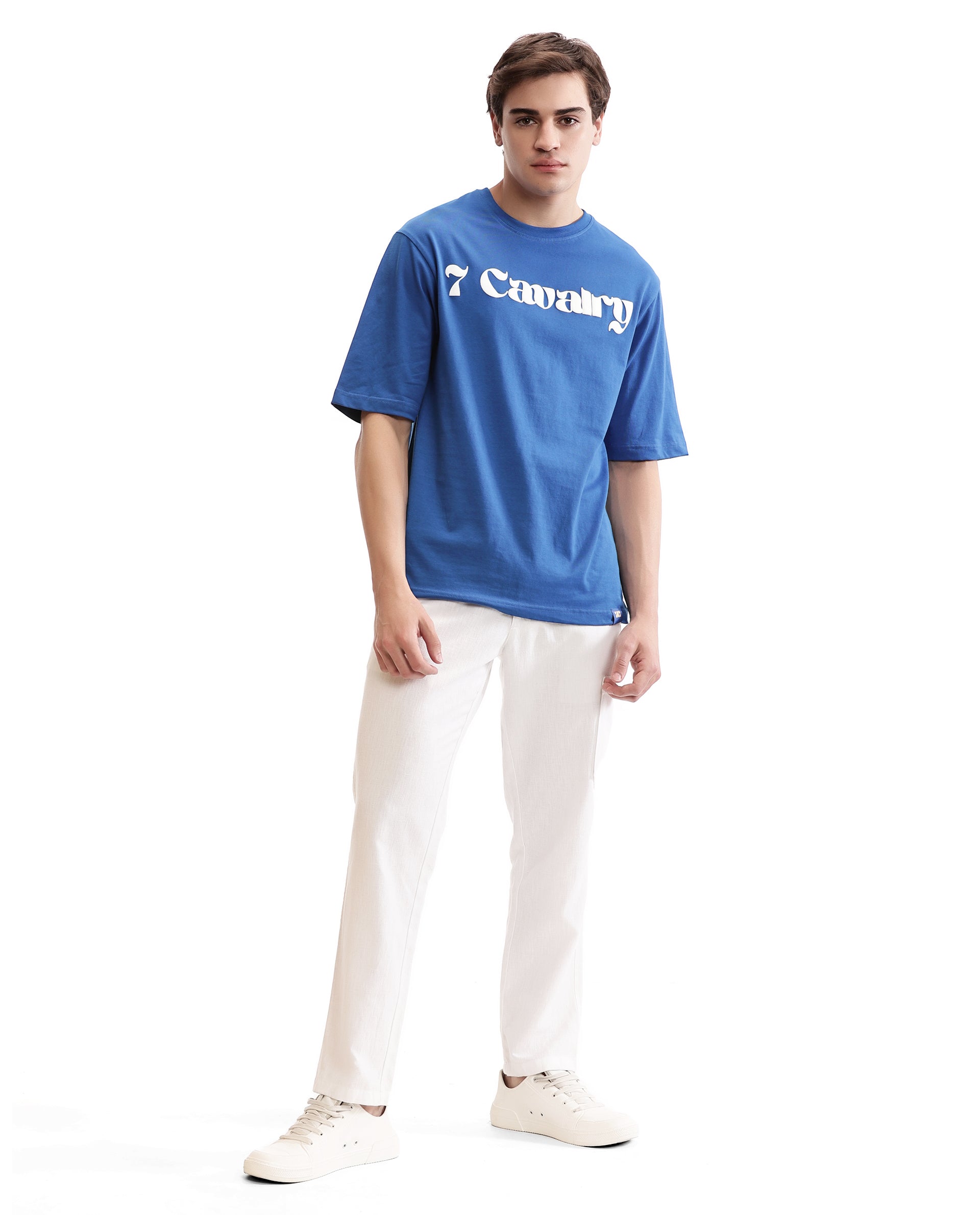 Imperial Prussian Blue Single Jersey Crew Neck Oversized T-Shirt with Pure White Puff Print