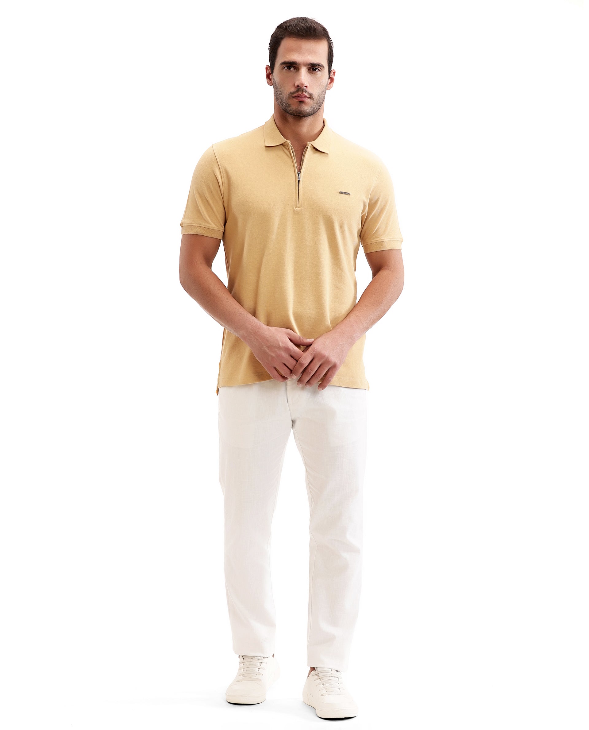 Camel Beige Pique Polo with 7C Metal Zip, Metal Badge