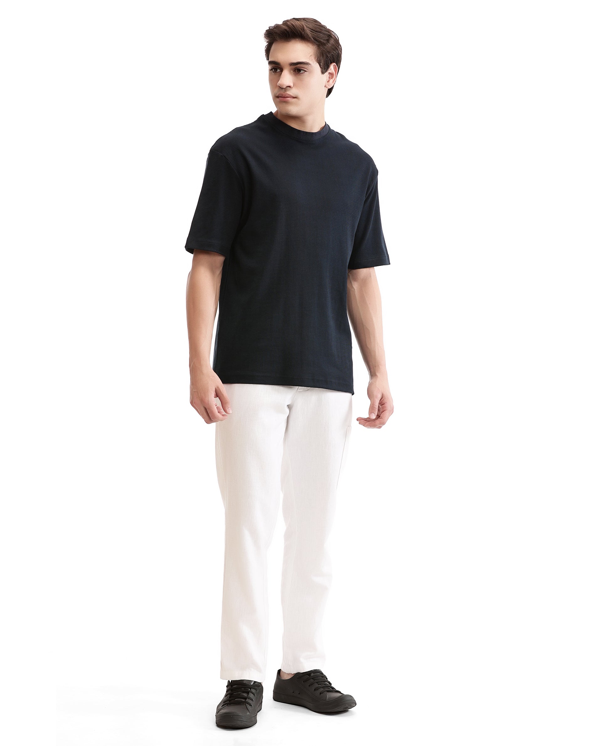 Midnight Navy Blue Knitted Ottoman Crew Neck Oversized T-Shirt