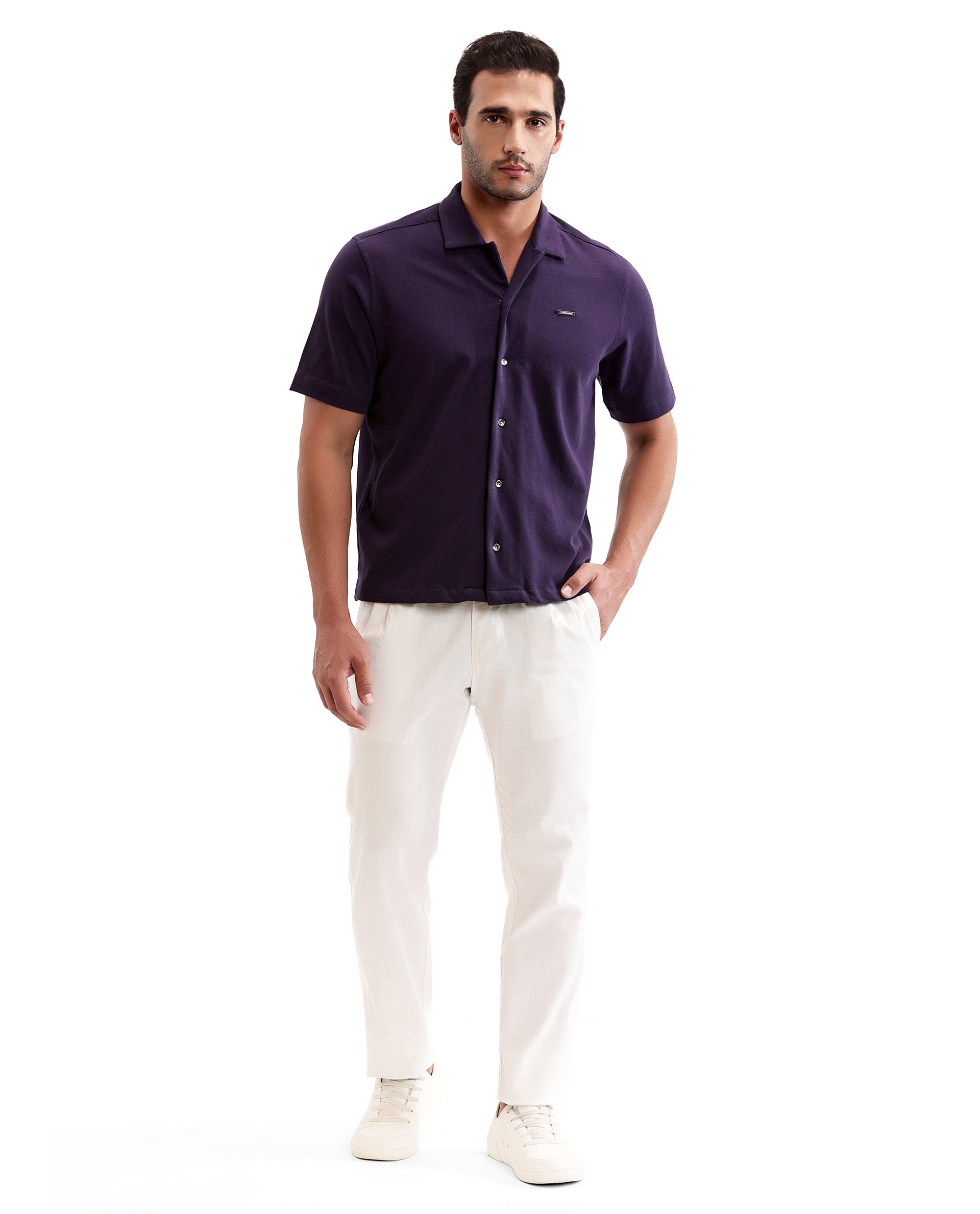 Deep Purple Pique Knit Shirt with 7C Metal Buttons, Gun Metal Badge