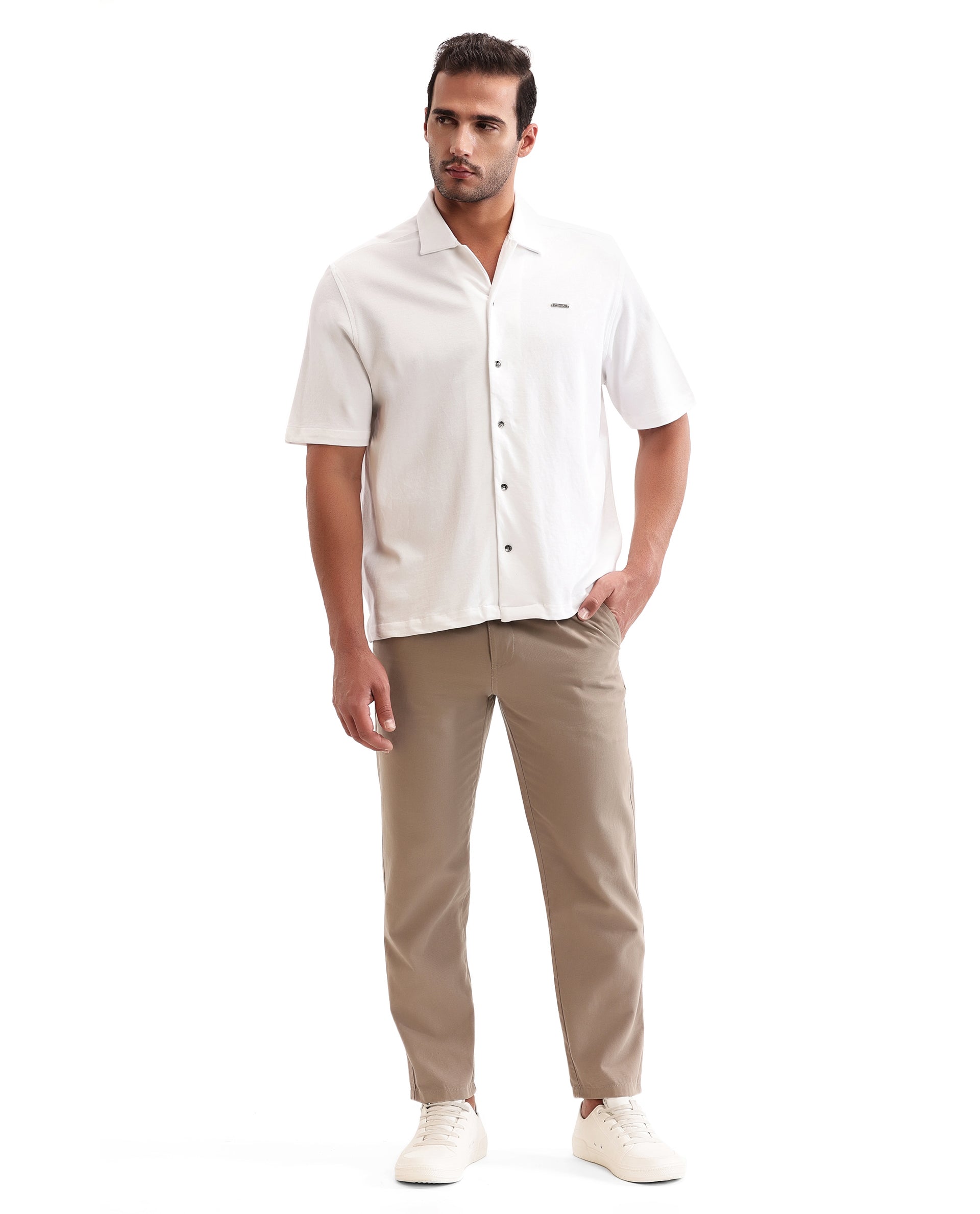 Pure White Pique Knit Shirt with 7C Metal Buttons, Gun Metal Badge