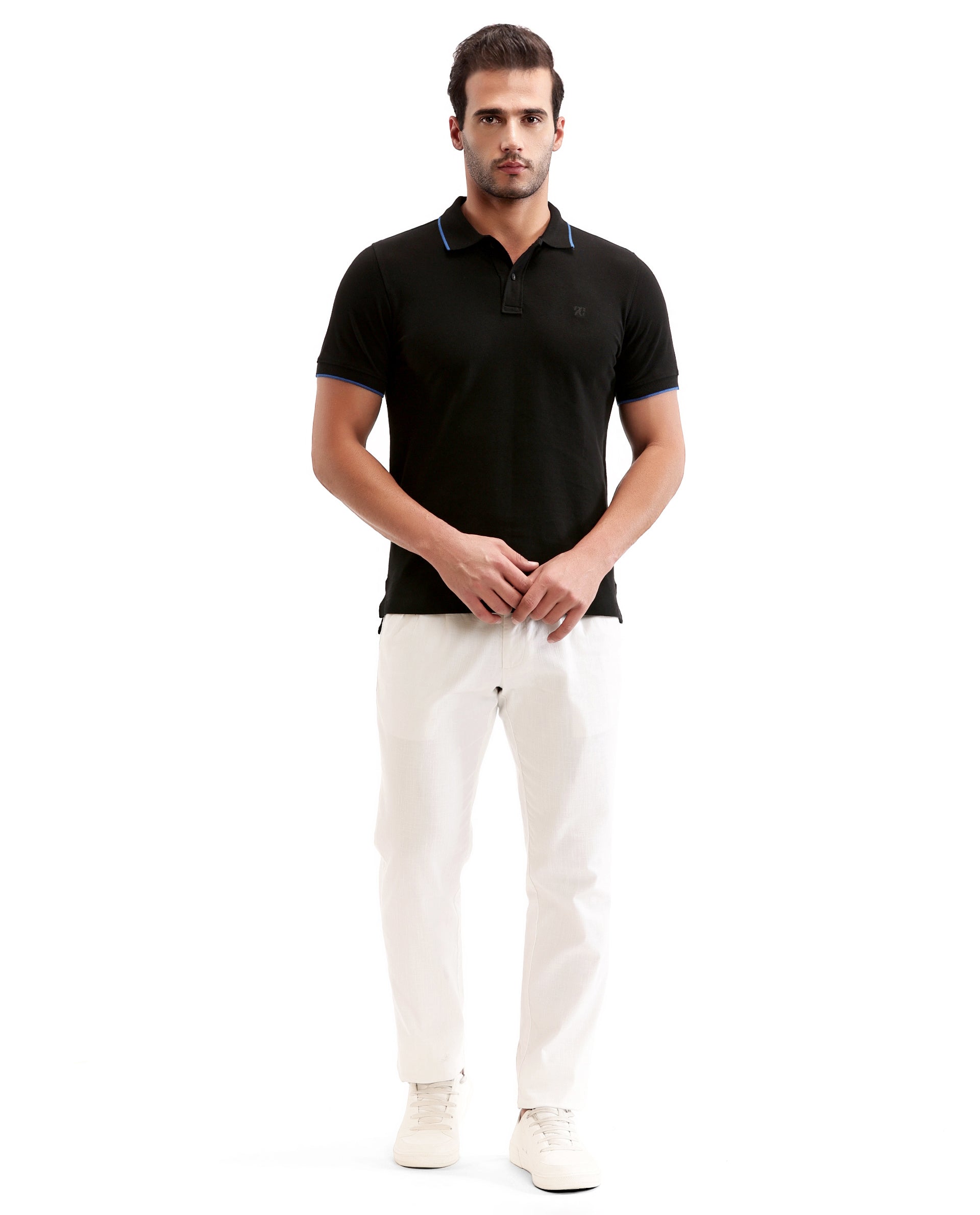 Charcoal Black Pique Polo with Imperial Prussian Blue Collar Piping, Tone-on-Tone 7C Embroidery