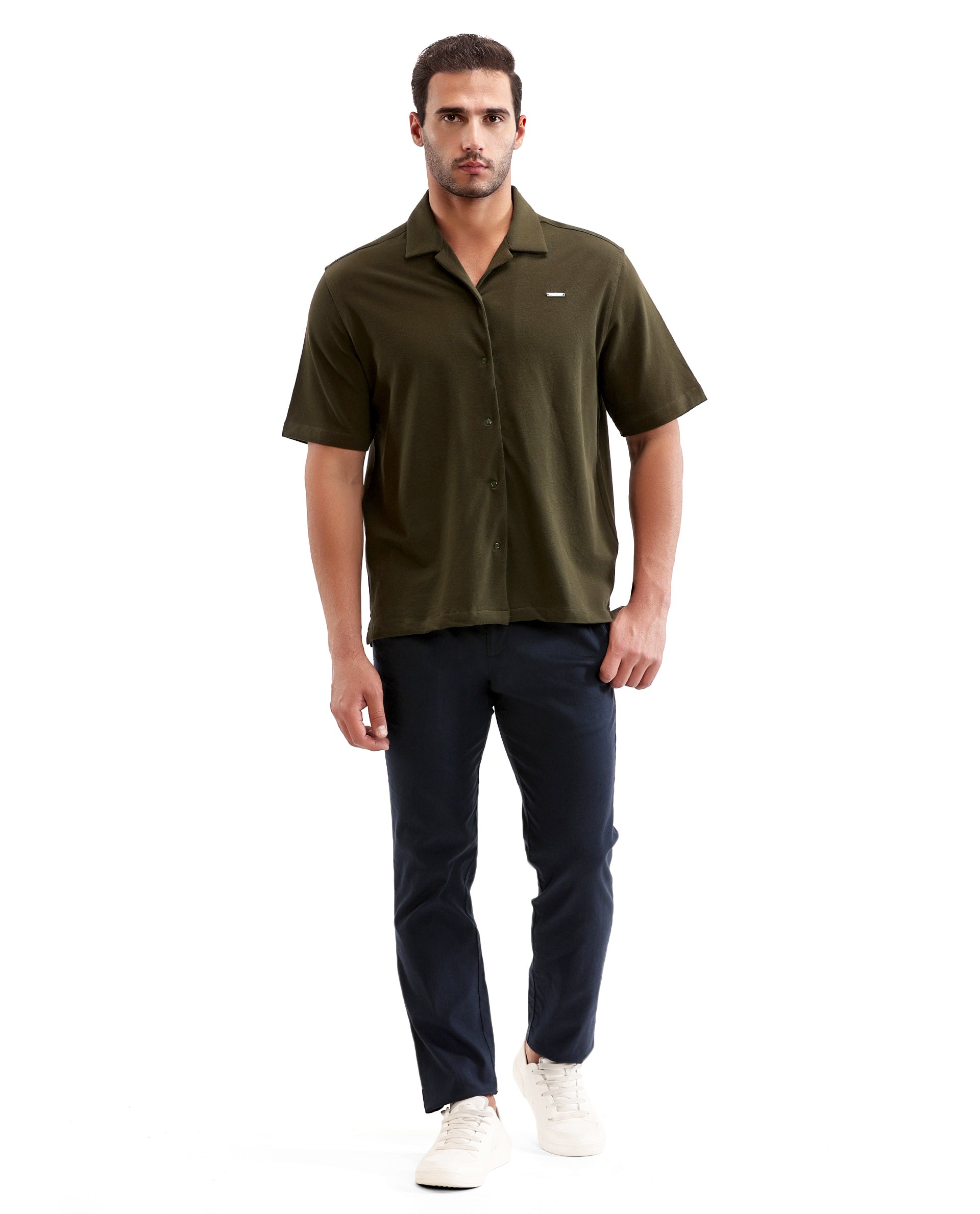 Vintage Olive Pique Knit Shirt with 7C Engraved Snap Buttons, Gun Metal Badge