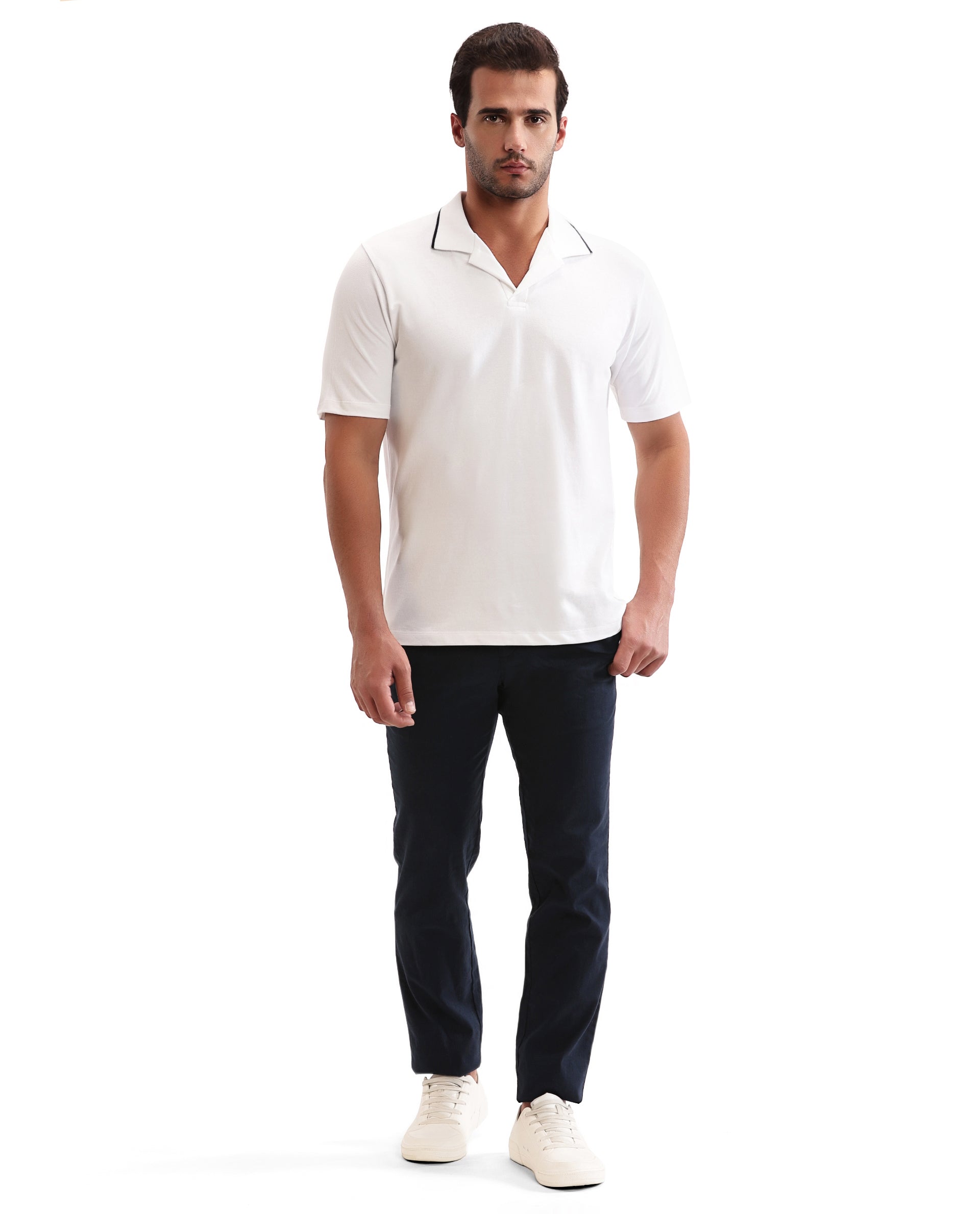 Pure White Johnny Collar Pique Polo with Midnight Navy Blue Collar Piping