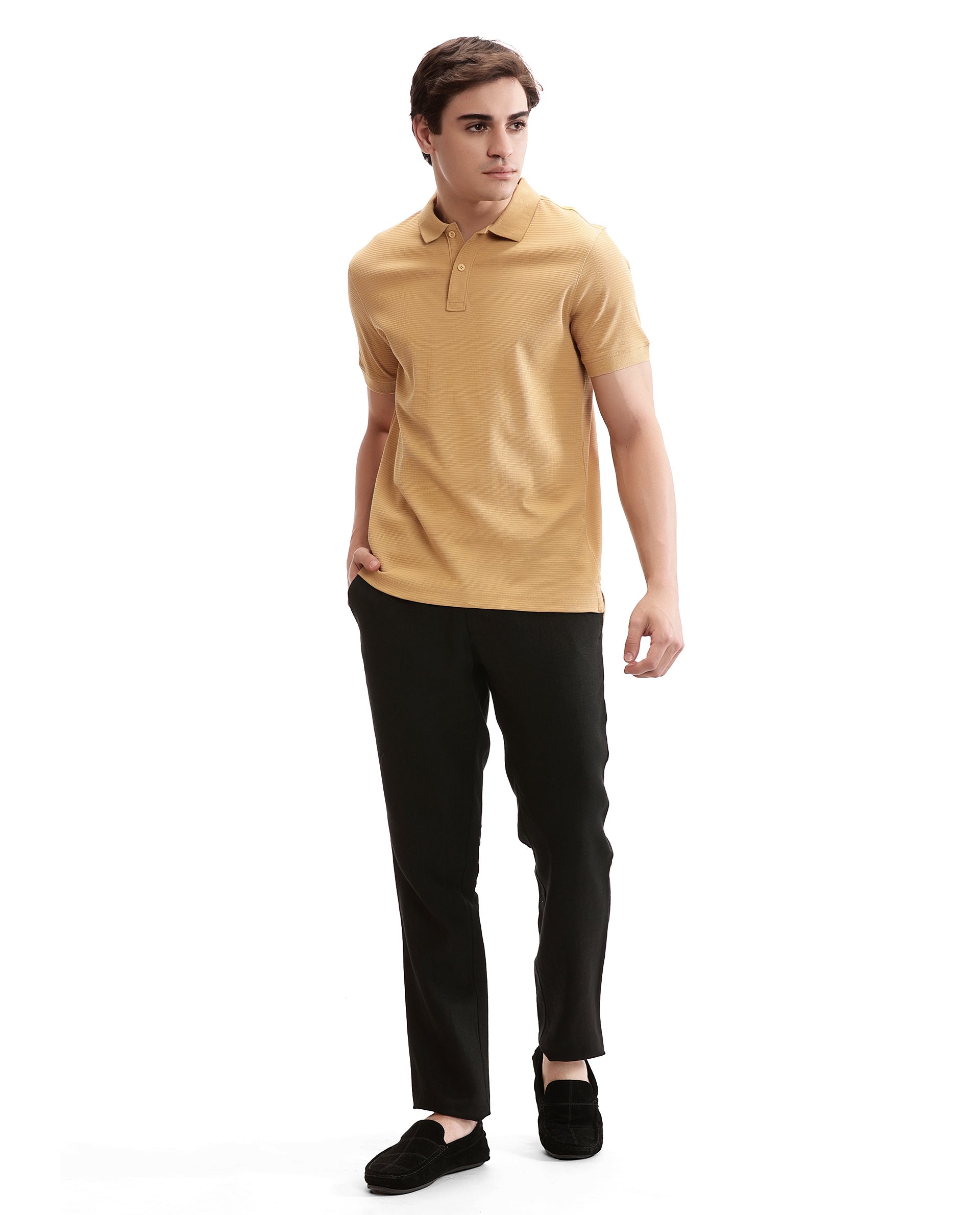 Camel Beige Knitted Waffle Polo with Ribbed Collar