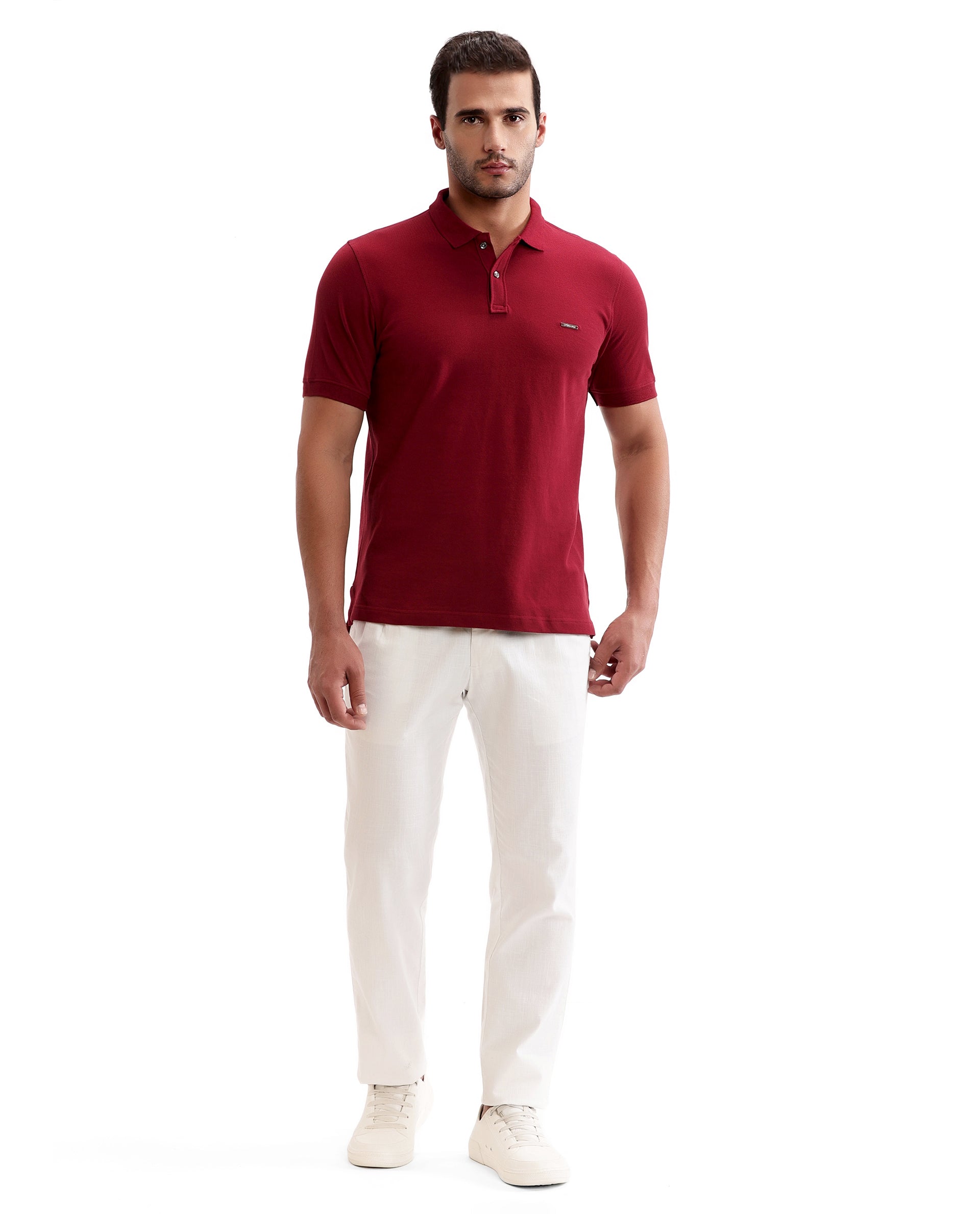 Bordeaux Maroon Pique Polo with Metal Buttons, 7C Metal Badge