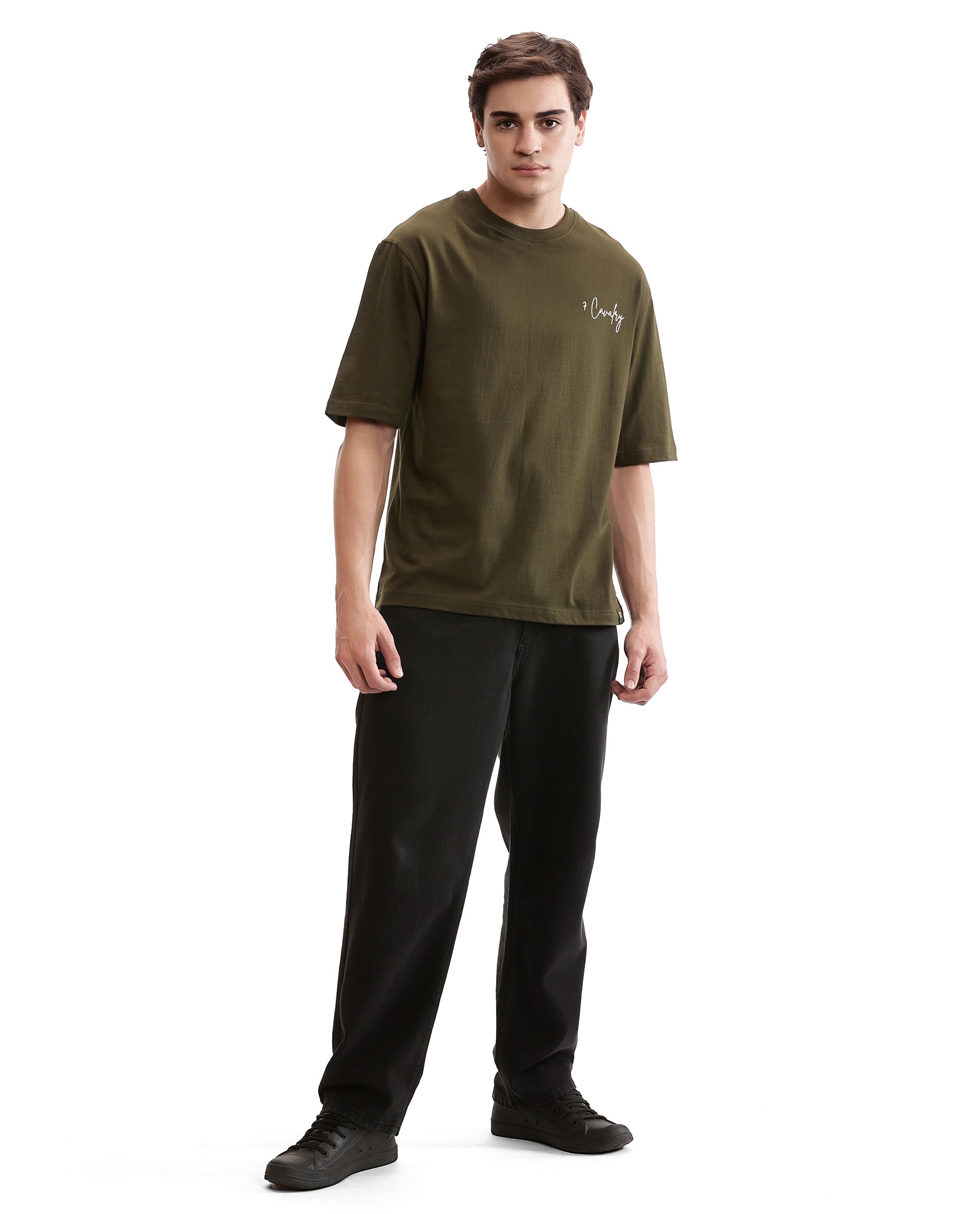 Vintage Olive Single Jersey Crew Neck Oversized T-Shirt with Pure White Non-PVC Print