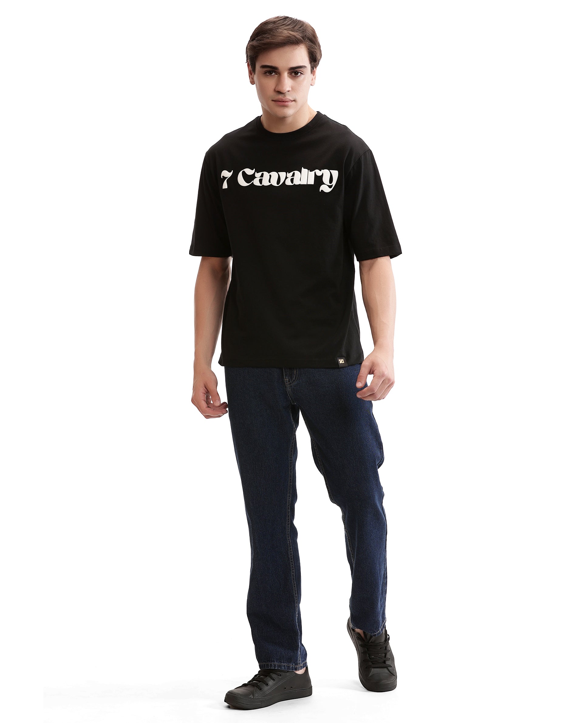 Charcoal Black Single Jersey Crew Neck Oversized T-Shirt with Pure White Puff Print