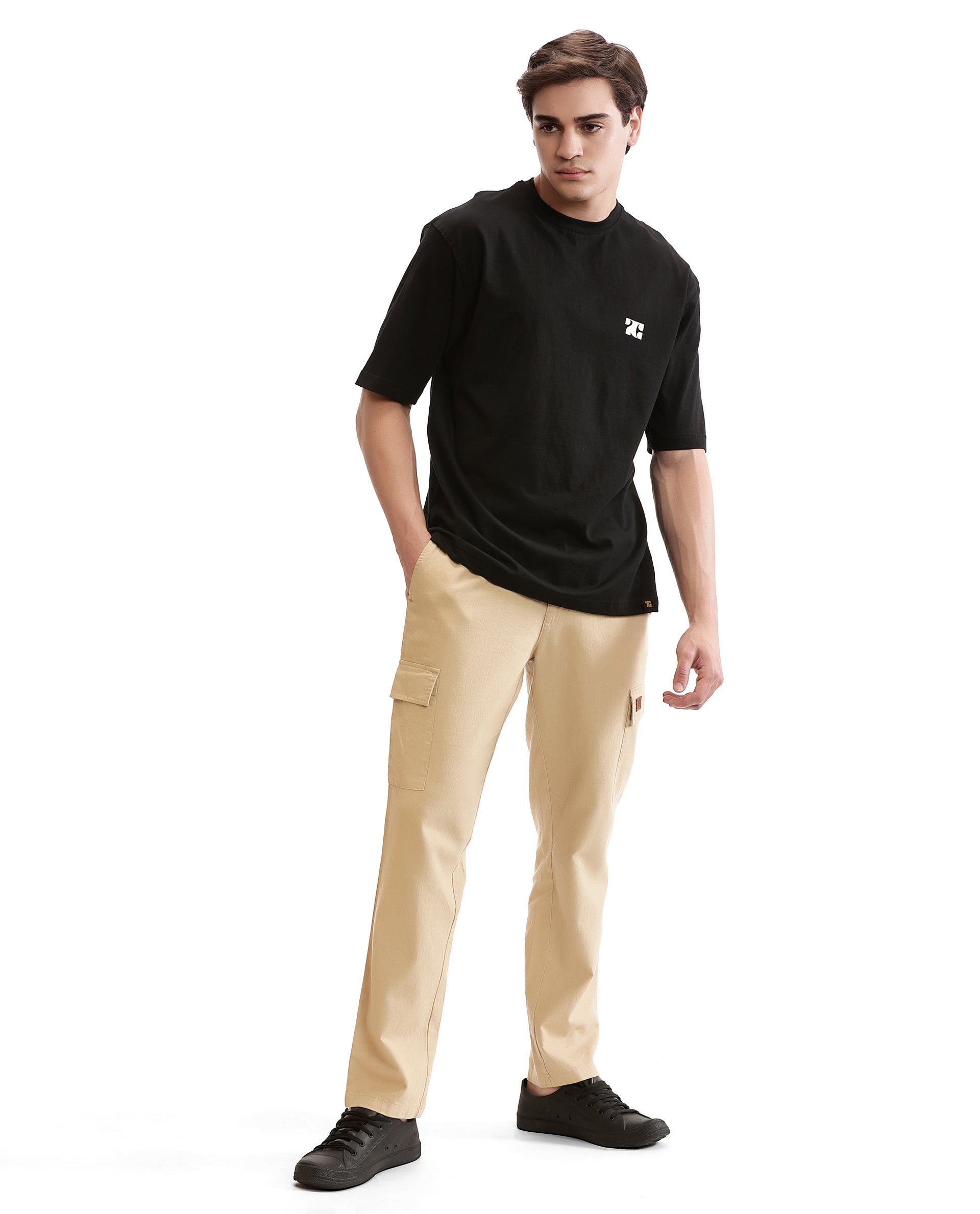 Charcoal Black Single Jersey Crew Neck Oversized T-Shirt with Pure White HD Print