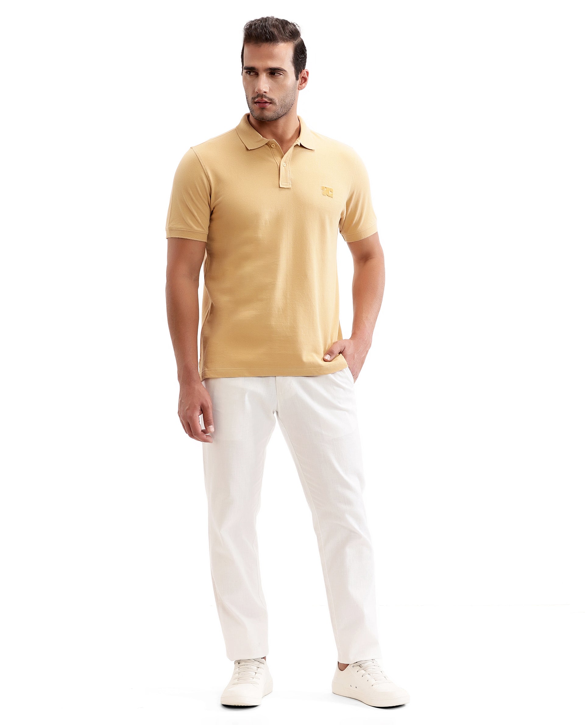 Camel Beige Pique Polo with Tufted Embroidery