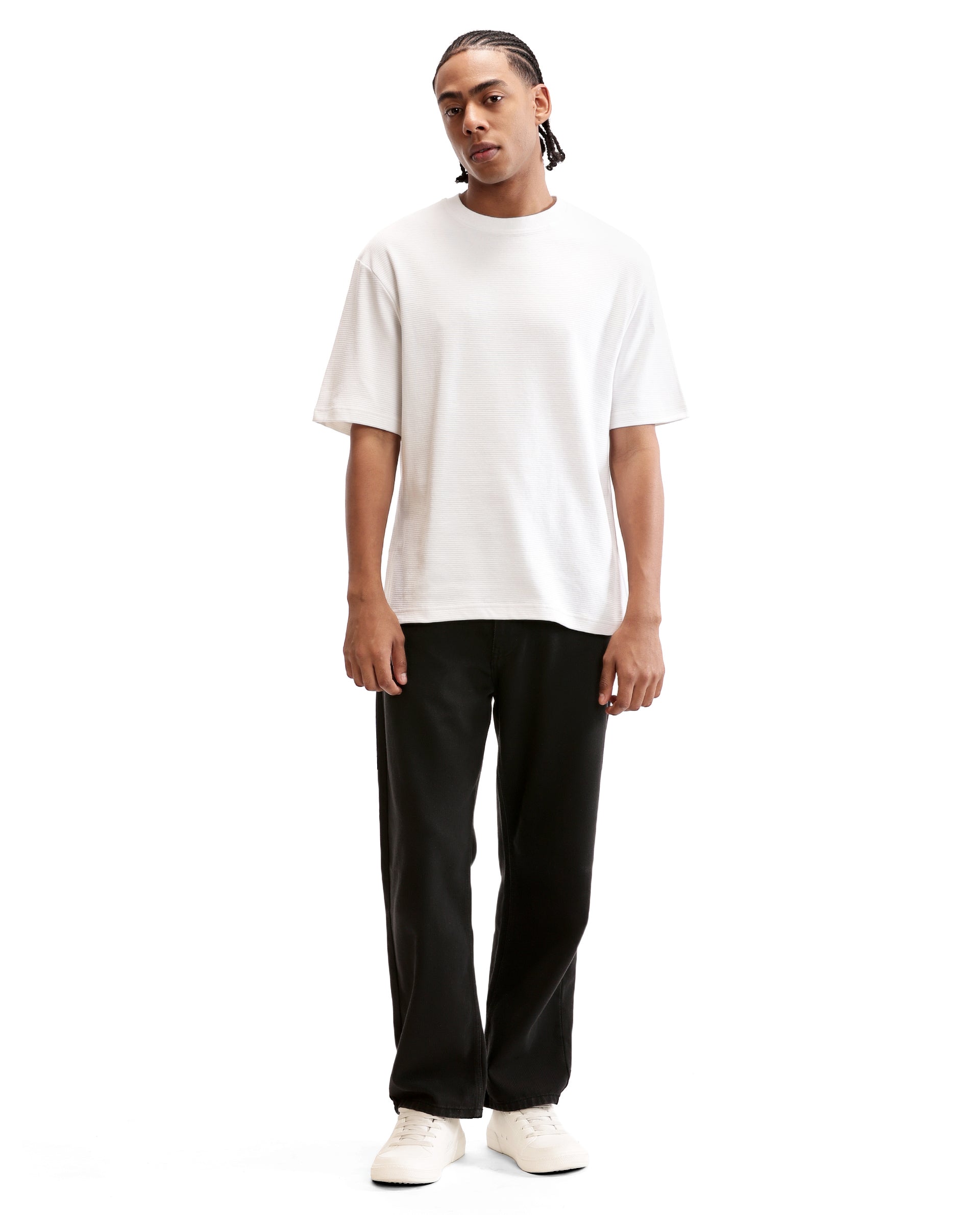 Pure White Knitted Ottoman Crew Neck Oversized T-Shirt