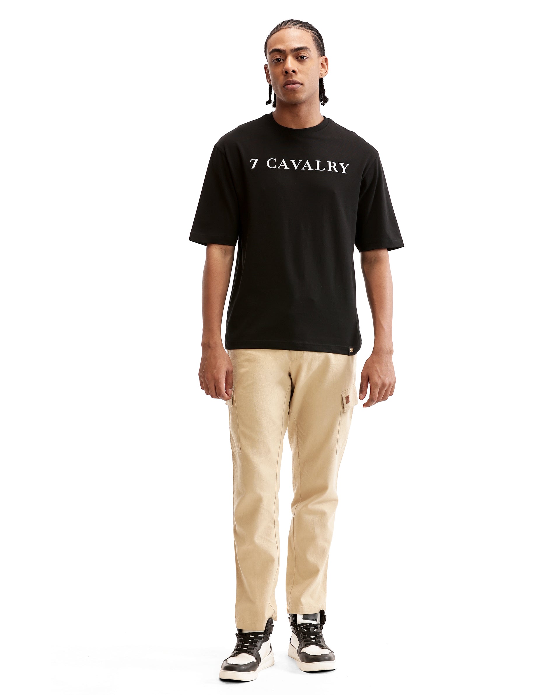 Charcoal Black Single Jersey Crew Neck Oversized T-Shirt with Pure White Embroidery