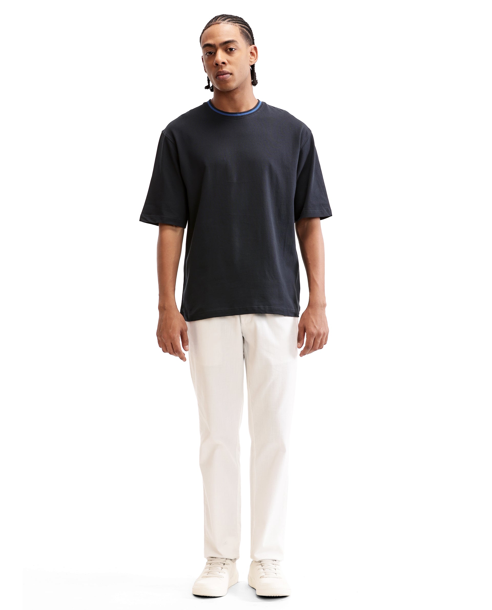 Midnight Navy Blue Pique Crew Neck Oversized T-Shirt with Imperial Prussian Blue