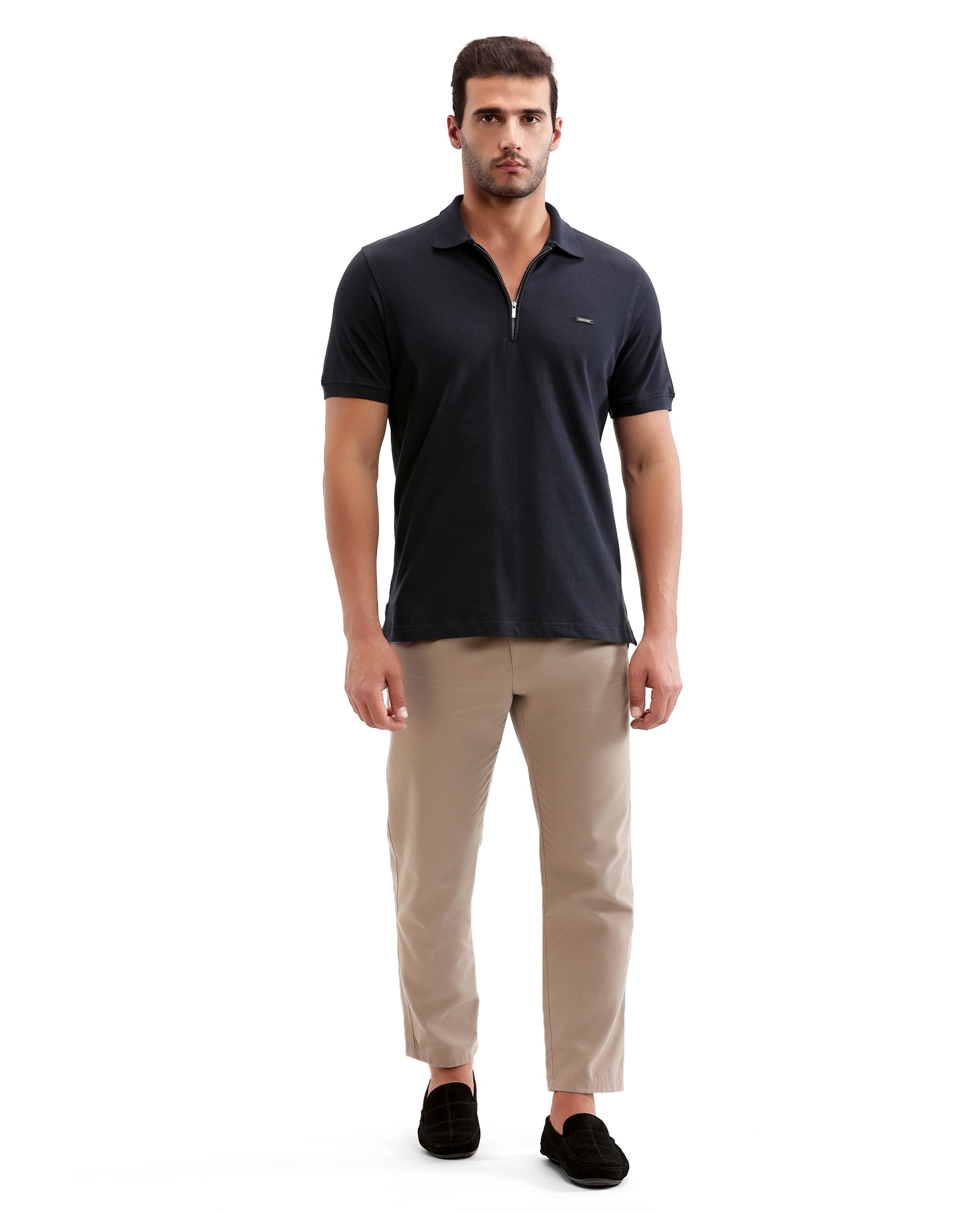 Midnight Navy Blue Pique Polo with 7C Metal Zip, Metal Badge