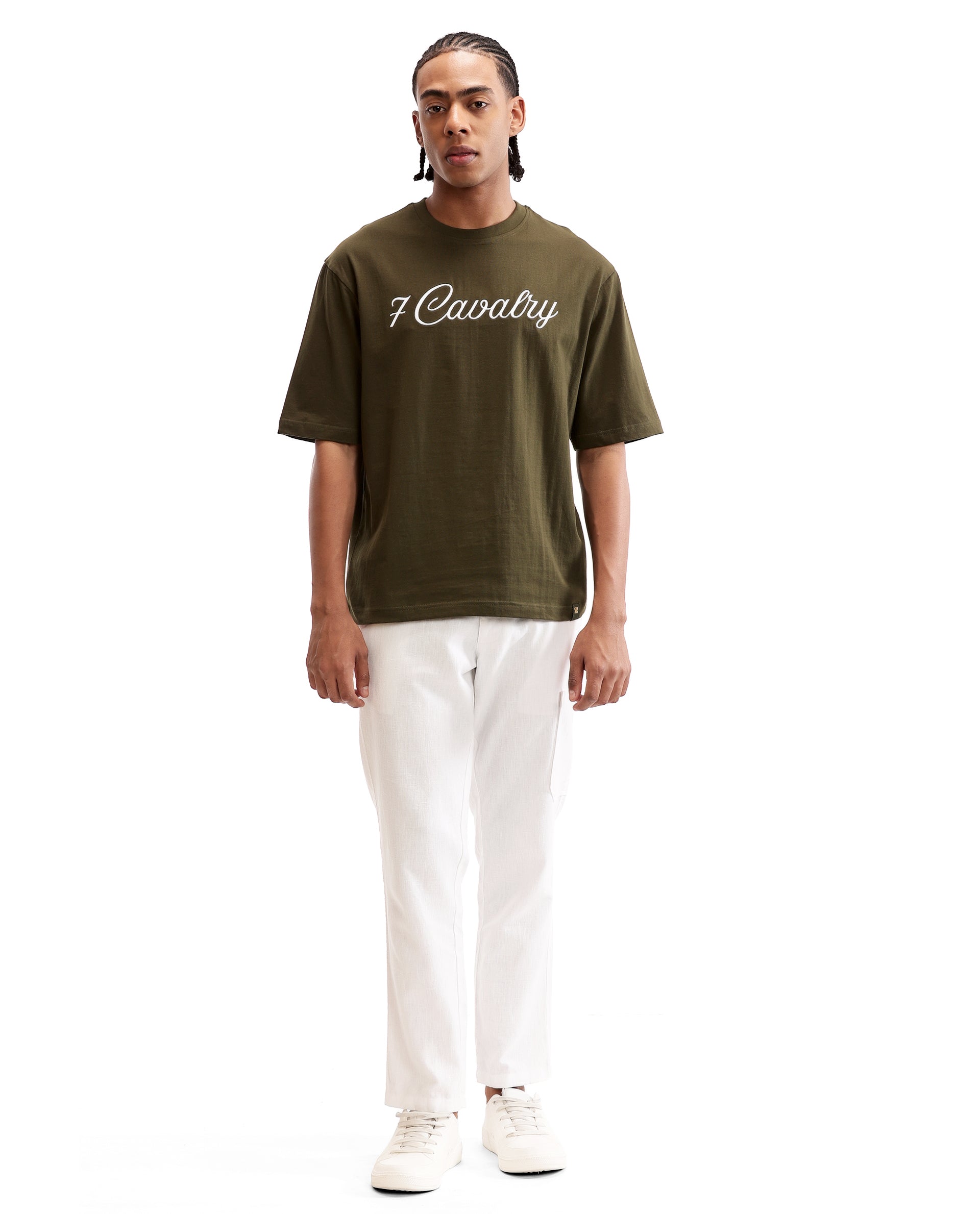 Vintage Olive Single Jersey Crew Neck Oversized T-Shirt with Pure White Embroidery