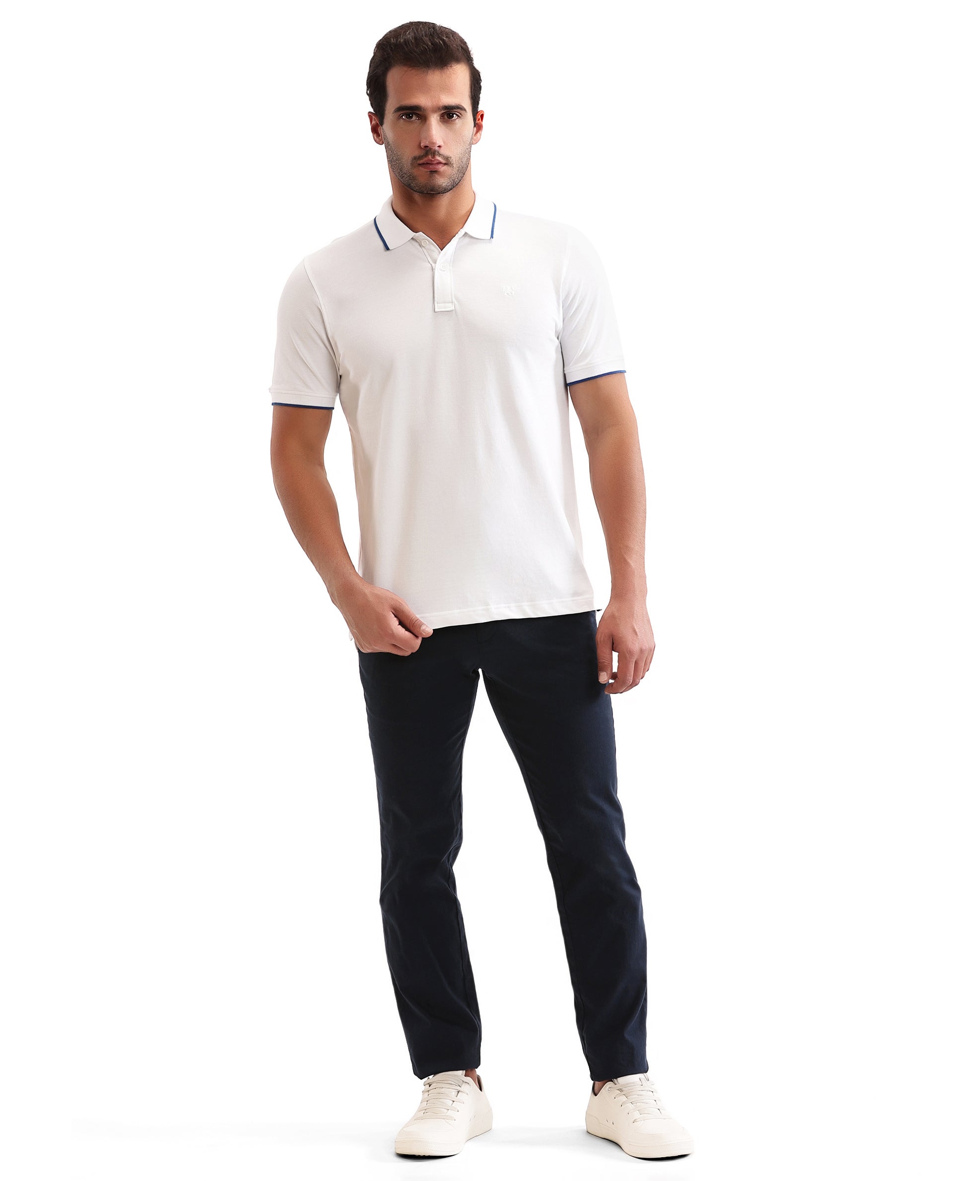 Pure White Pique Polo with Imperial Prussian Blue Collar Piping, Tone-on-Tone 7C Embroidery