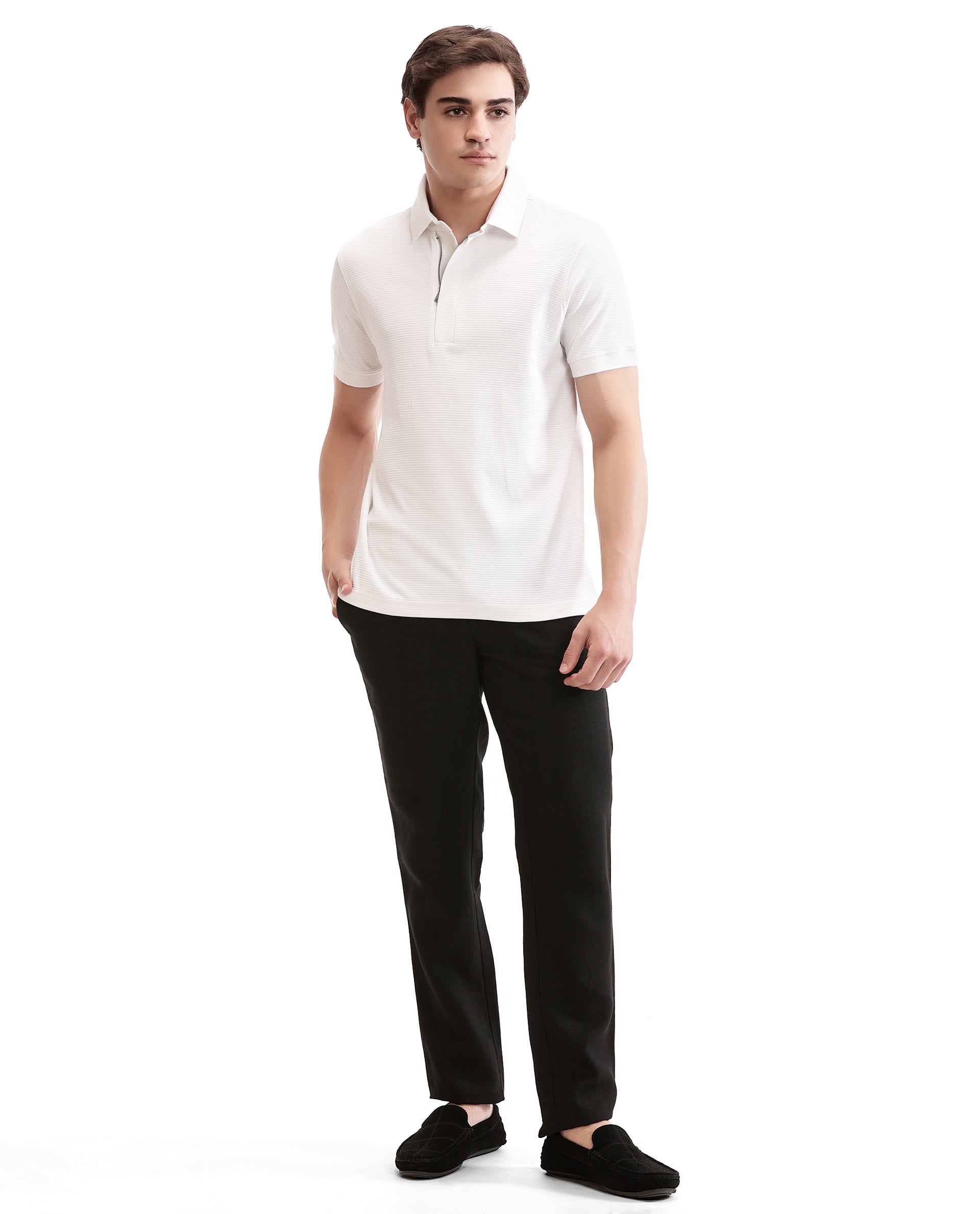 Pure White Knitted Waffle Polo with 7C Metal Zip