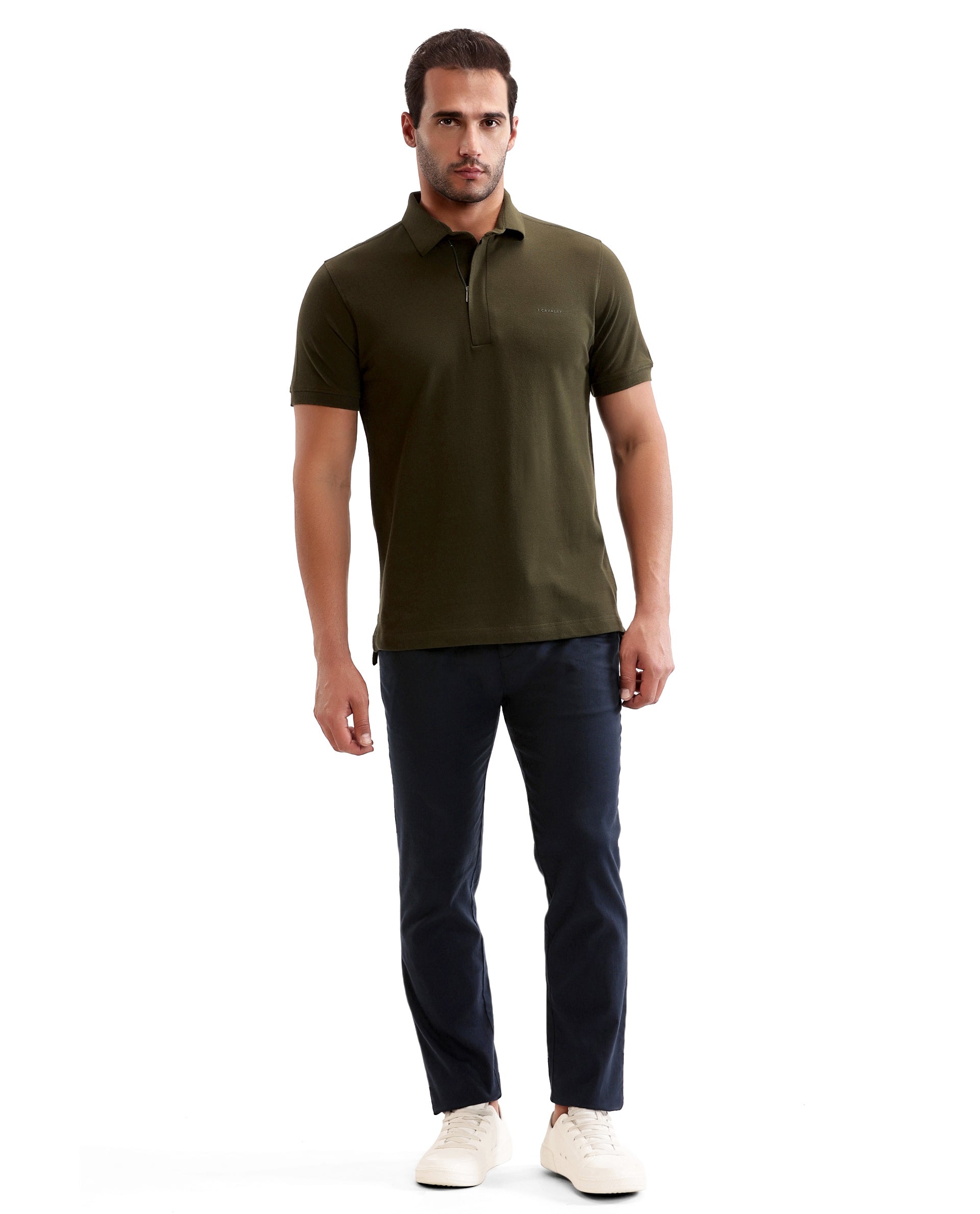 Vintage Olive Pique Polo with Concealed 7C Metal Zip, HD Print