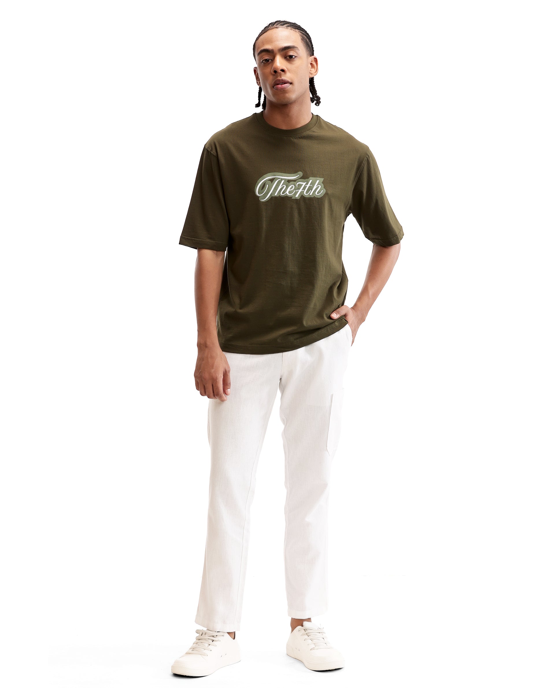 Vintage Olive Single Jersey Crew Neck Oversized T-Shirt with Light Olive Print & Pure White 7C Embroidery