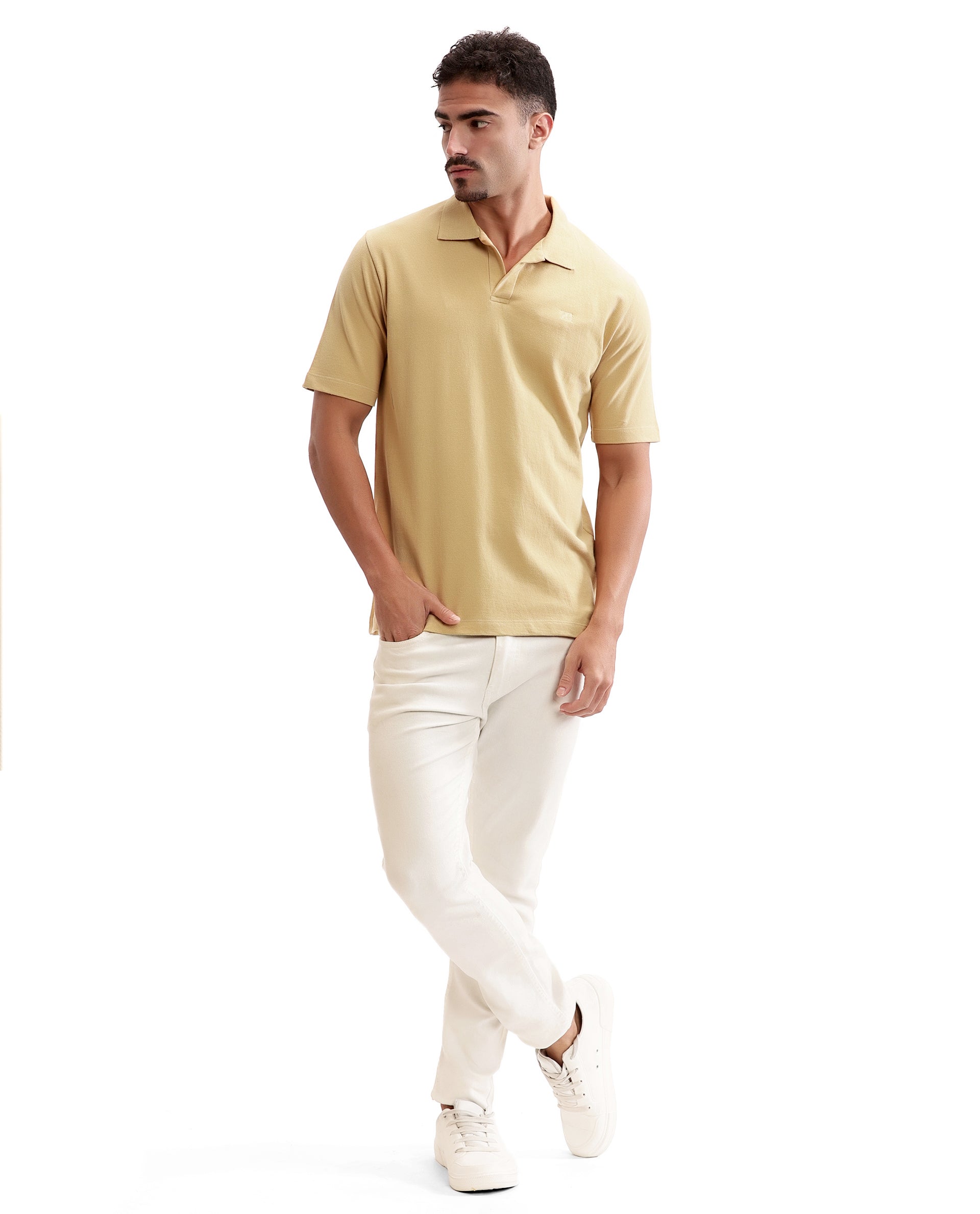 Camel Beige Johnny Collar Pique Polo with Tone-on-Tone 7C Embroidery