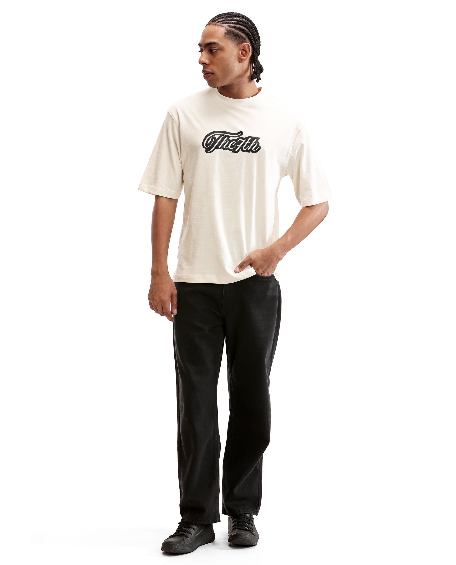Ivory White Single Jersey Crew Neck Oversized T-Shirt with Black Print & Pure White 7C Embroidery