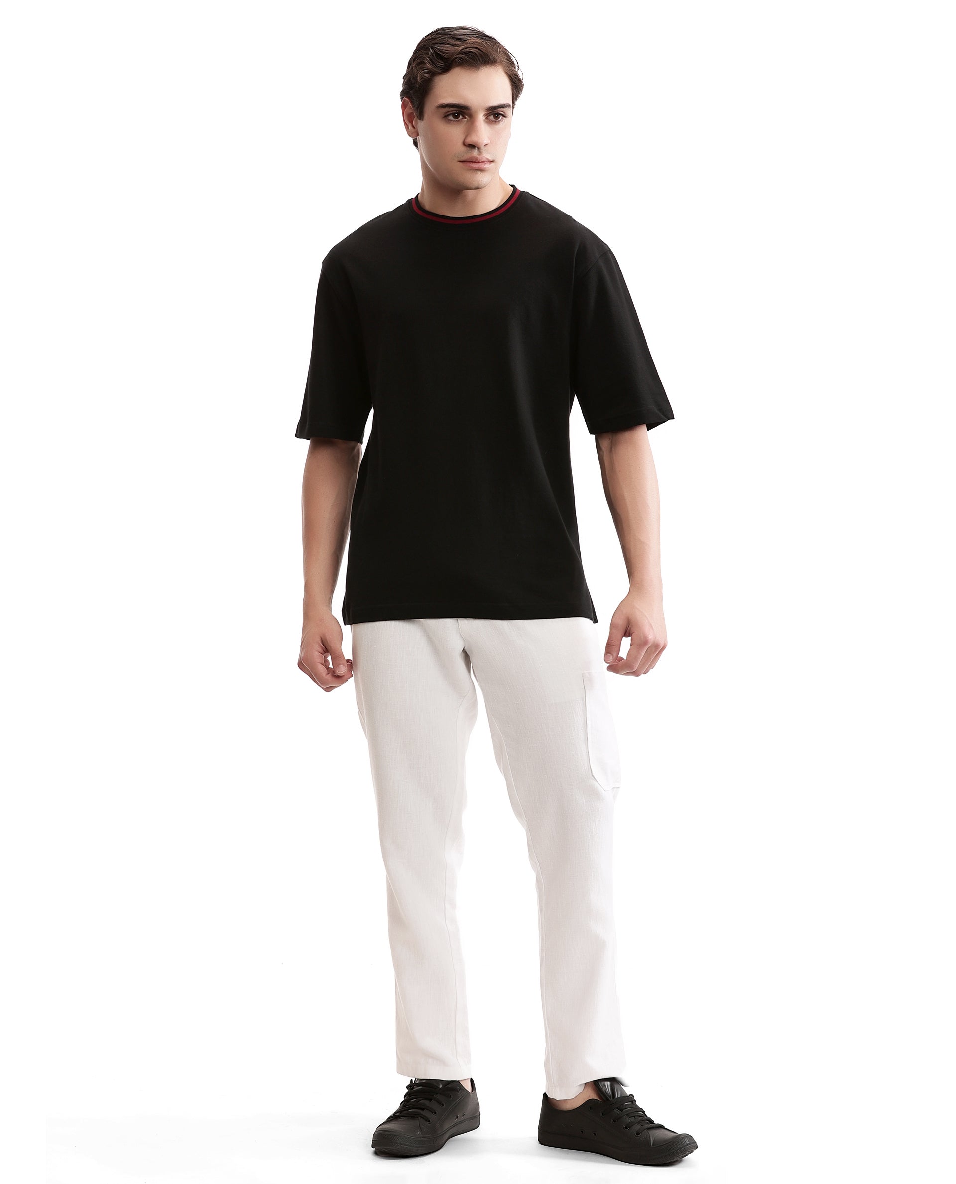 Charcoal Black Pique Crew Neck Oversized T-Shirt with Bordeaux Maroon Piping
