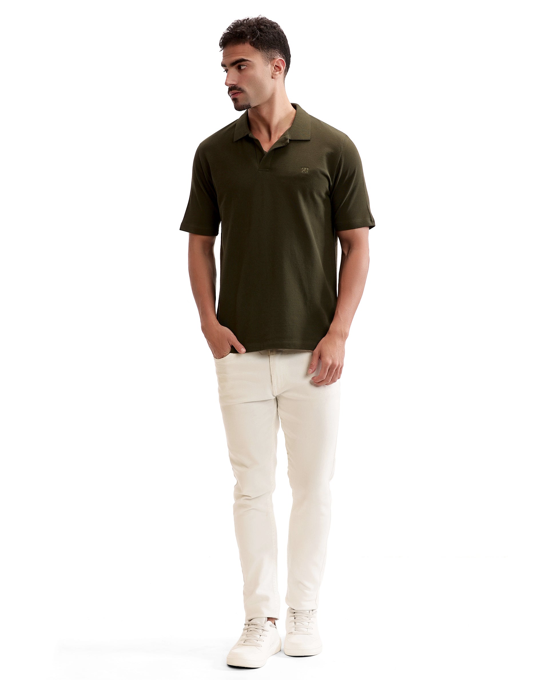 Vintage Olive Johnny Collar Pique Polo with Tone-on-Tone 7C Embroidery