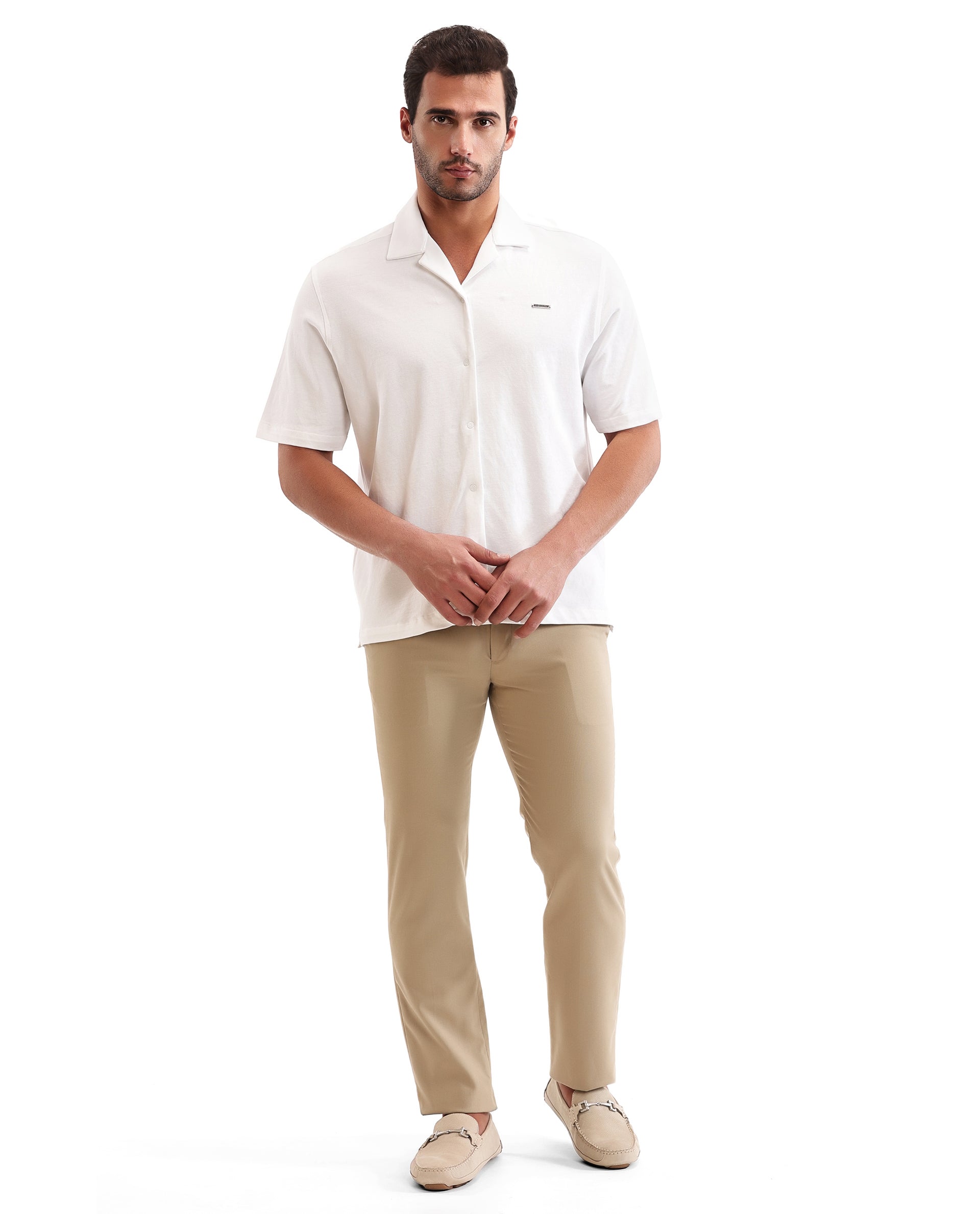 Pure White Pique Knit Shirt with 7C Engraved Snap Buttons, Gun Metal Badge