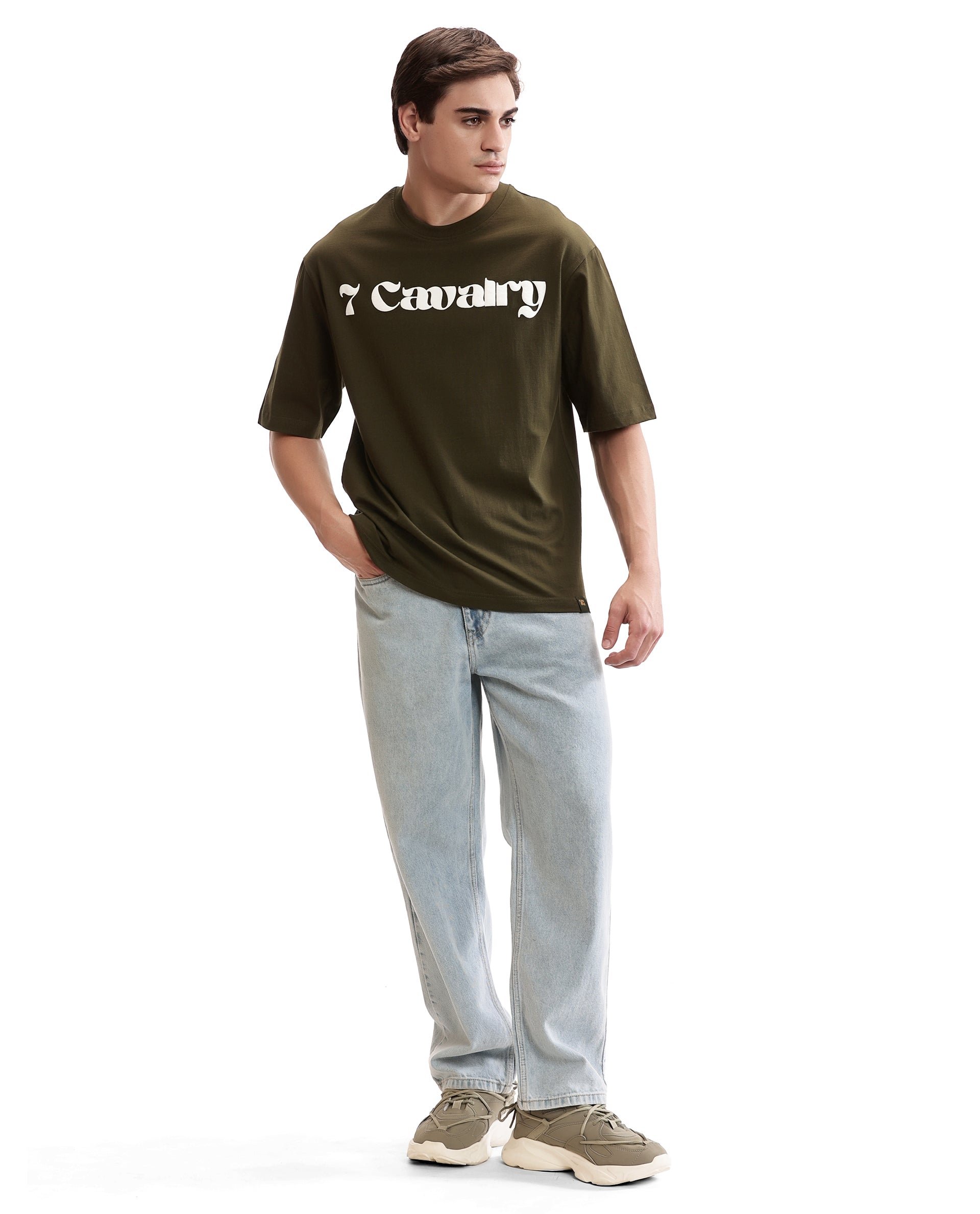 Vintage Olive Single Jersey Crew Neck Oversized T-Shirt with Pure White Puff Print