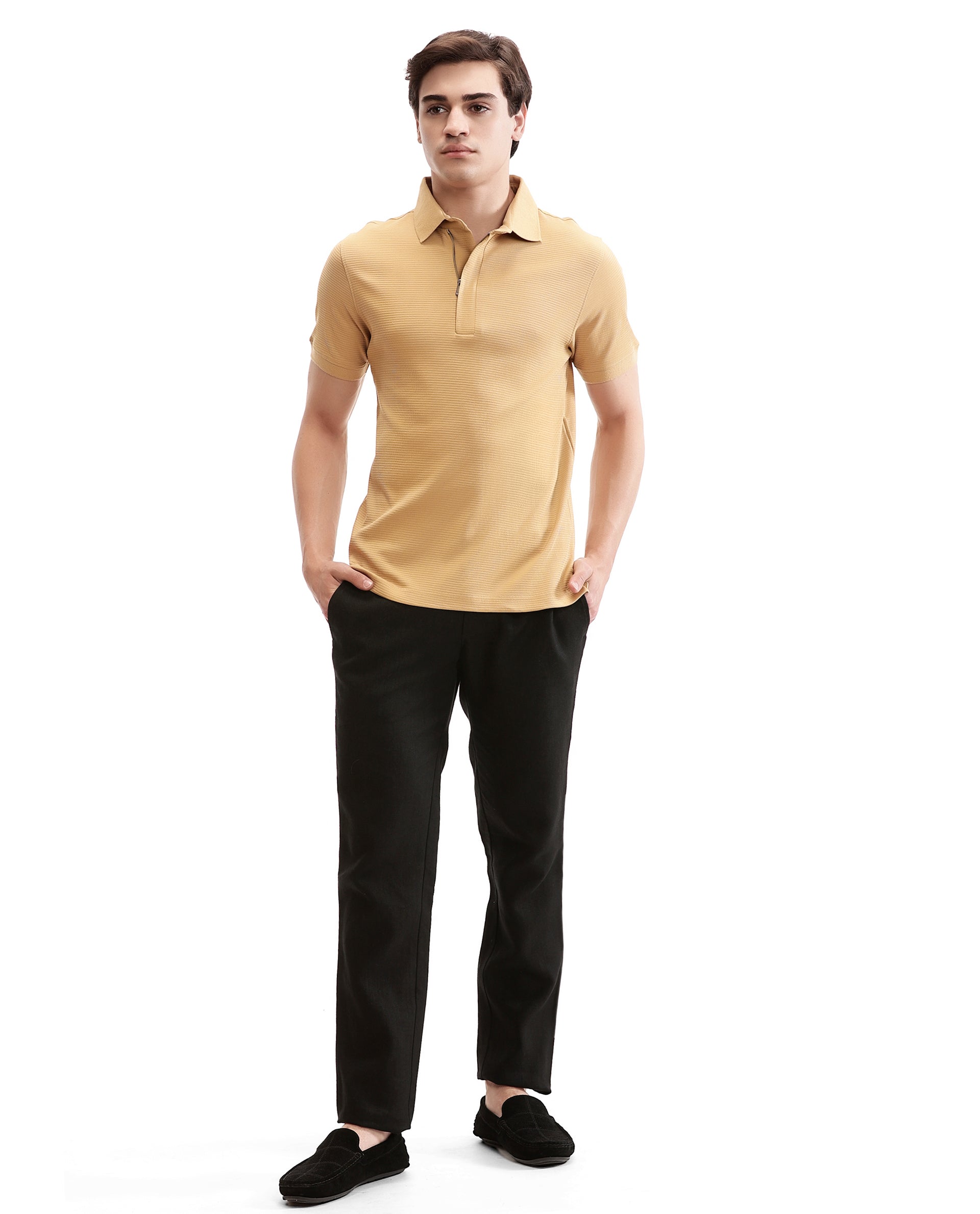 Camel Beige Knitted Waffle Polo with 7C Metal Zip