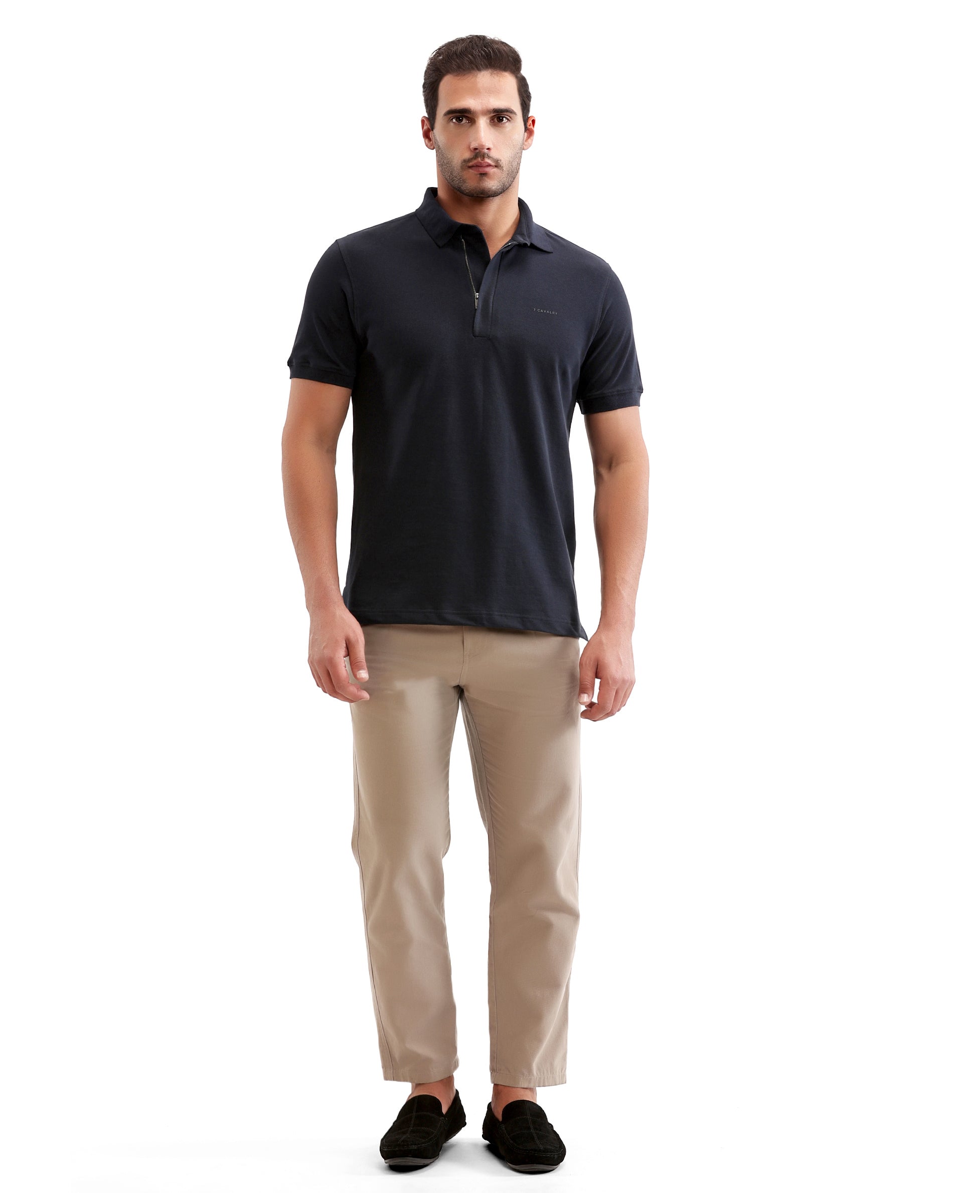 Midnight Navy Blue Pique Polo with Concealed 7C Metal Zip, HD Print