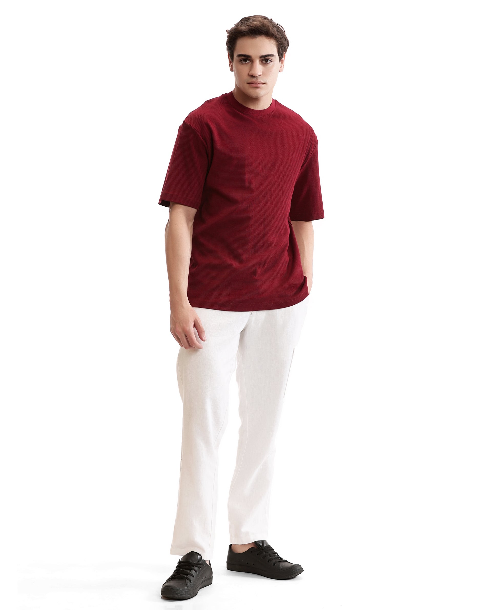 Bordeaux Maroon Knitted Waffle Crew Neck Oversized T-Shirt