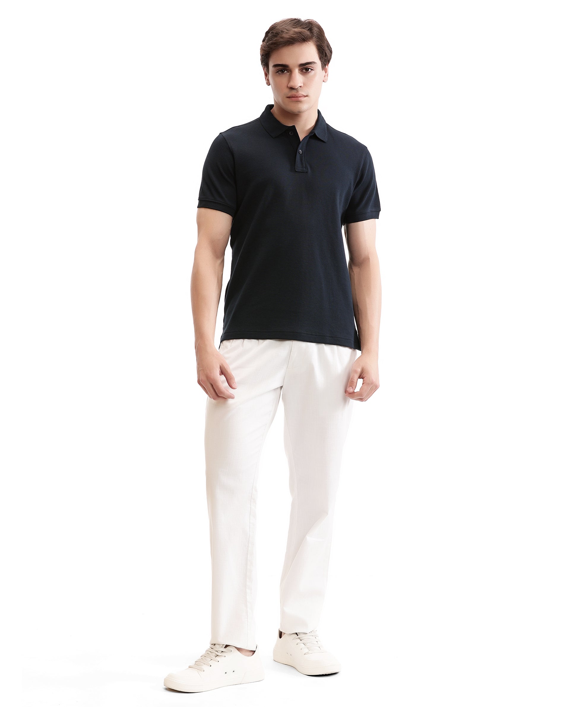 Midnight Navy Blue Knitted Ottoman Polo with Ribbed Collar